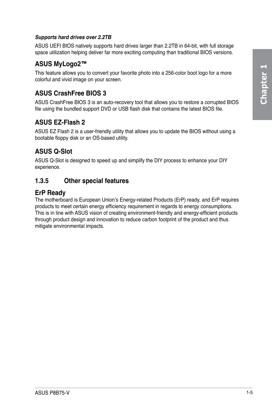 5 other special features, Other special features -5, Chapter 1 | Asus P8B75-V User Manual | Page 17 / 132