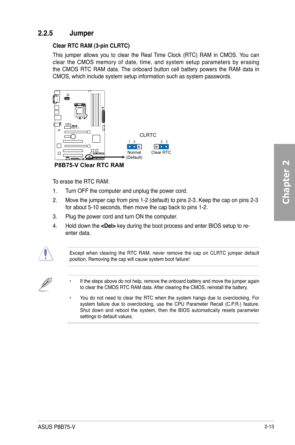 5 jumper, Jumper -13, Chapter 2 | Asus P8B75-V User Manual | Page 31 / 132
