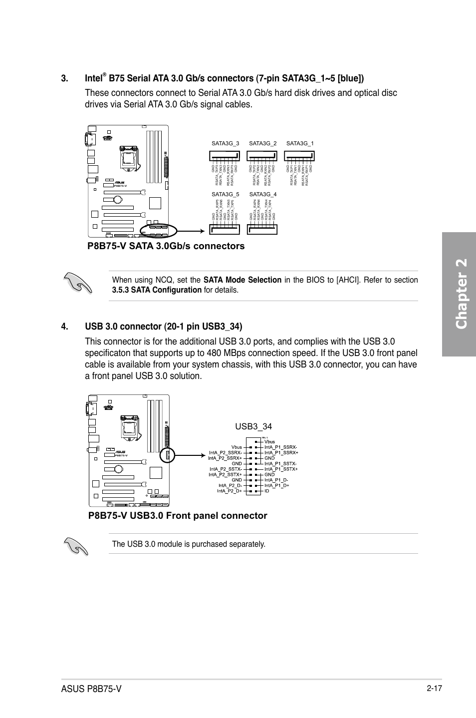 Chapter 2, Asus p8b75-v, Intel | Usb3_34, The usb 3.0 module is purchased separately, Sata3g_5, Sata3g_4, Sata3g_3, Sata3g_2, Sata3g_1 | Asus P8B75-V User Manual | Page 35 / 132