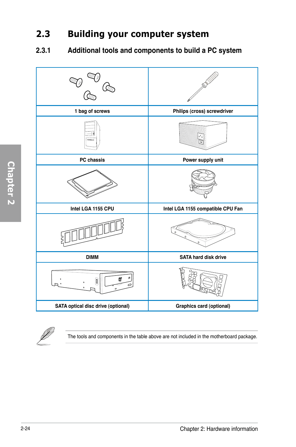 3 building your computer system, Building your computer system -24, Chapter 2 2.3 building your computer system | Asus P8B75-V User Manual | Page 42 / 132