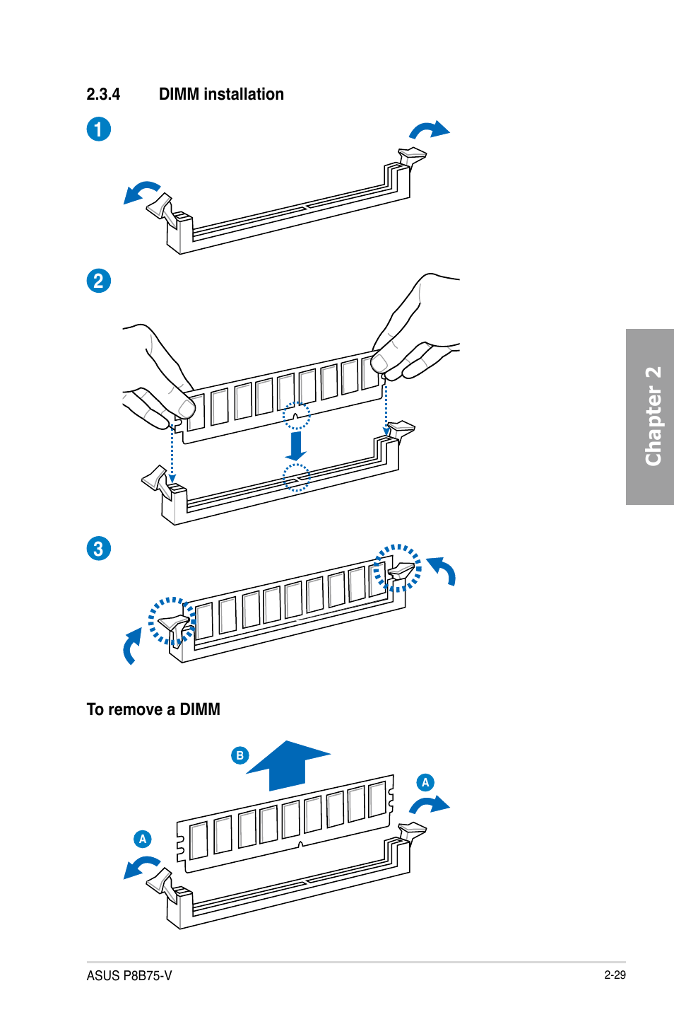 4 dimm installation, Dimm installation -29, Chapter 2 1 2 3 | Asus P8B75-V User Manual | Page 47 / 132