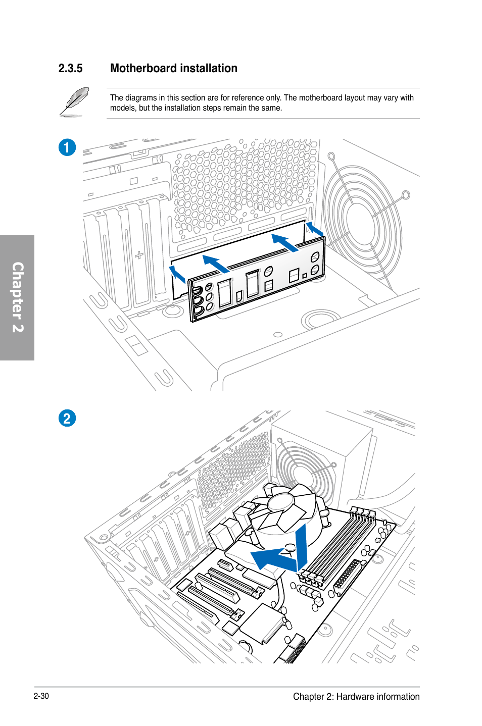 5 motherboard installation, Motherboard installation -30, Chapter 2 | Asus P8B75-V User Manual | Page 48 / 132