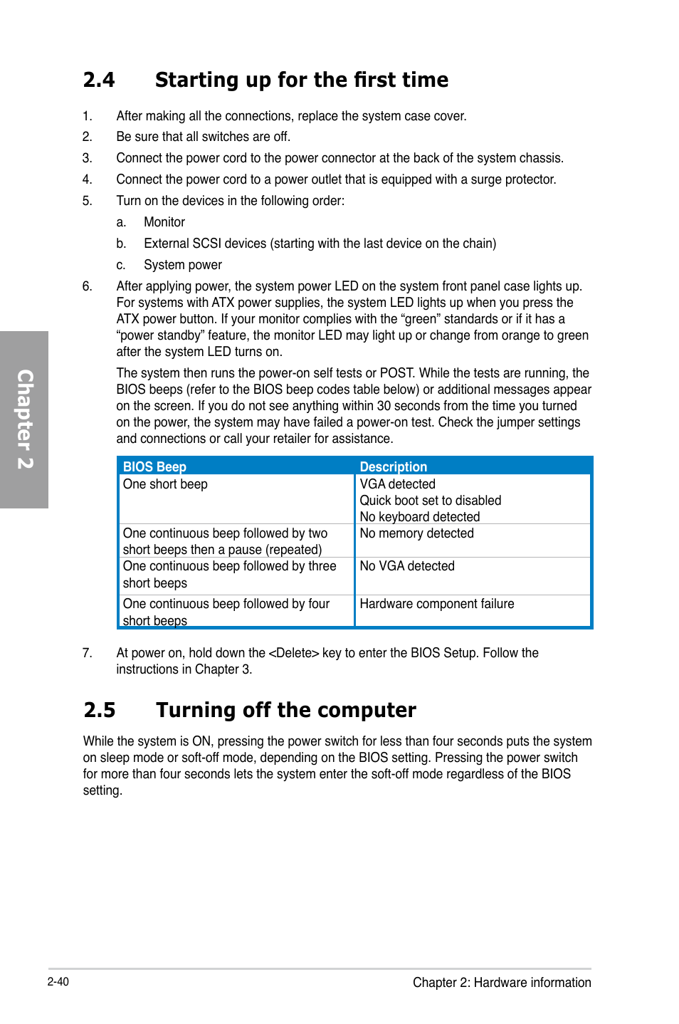 4 starting up for the first time, 5 turning off the computer, Starting up for the first time -40 | 5 turning off the computer -40, Chapter 2 2.4 starting up for the first time | Asus P8B75-V User Manual | Page 58 / 132