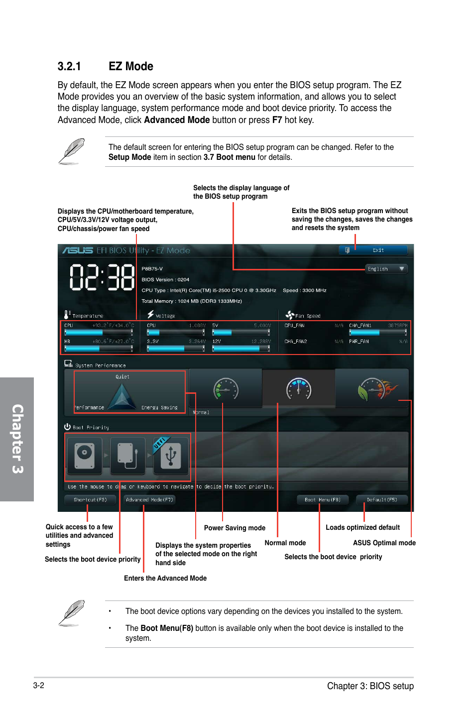 1 ez mode, Ez mode -2, Chapter 3 | Asus P8B75-V User Manual | Page 60 / 132