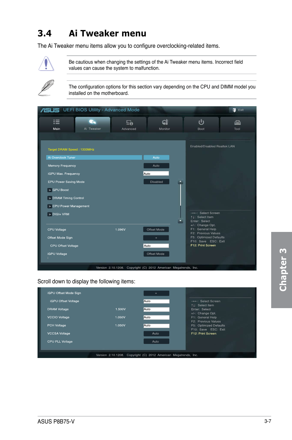 4 ai tweaker menu, Ai tweaker menu -7, Chapter 3 3.4 ai tweaker menu | Asus p8b75-v, Scroll down to display the following items | Asus P8B75-V User Manual | Page 65 / 132