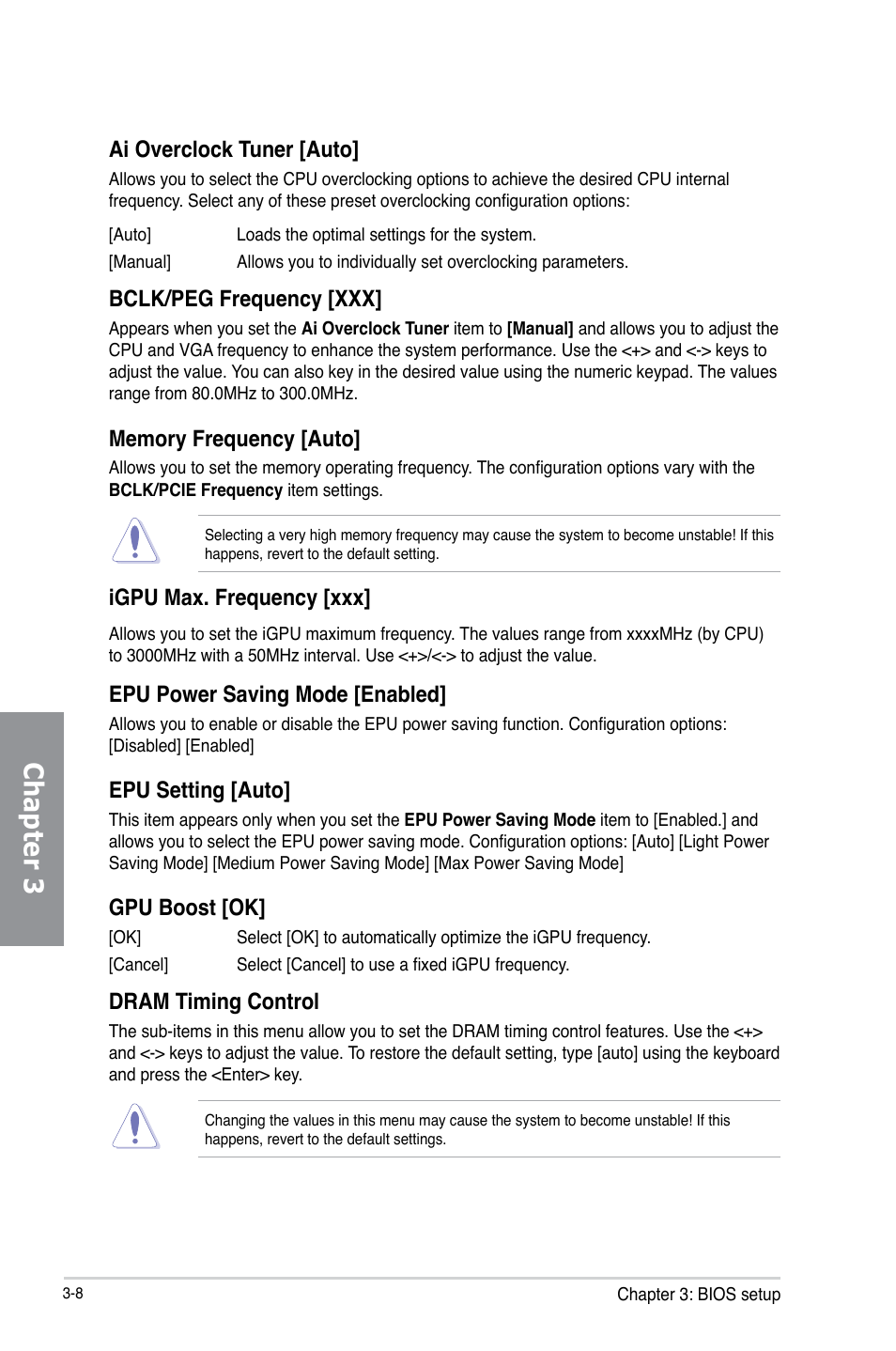 Chapter 3, Ai overclock tuner [auto, Bclk/peg frequency [xxx | Igpu max. frequency [xxx, Epu power saving mode [enabled, Epu setting [auto, Gpu boost [ok, Dram timing control | Asus P8B75-V User Manual | Page 66 / 132