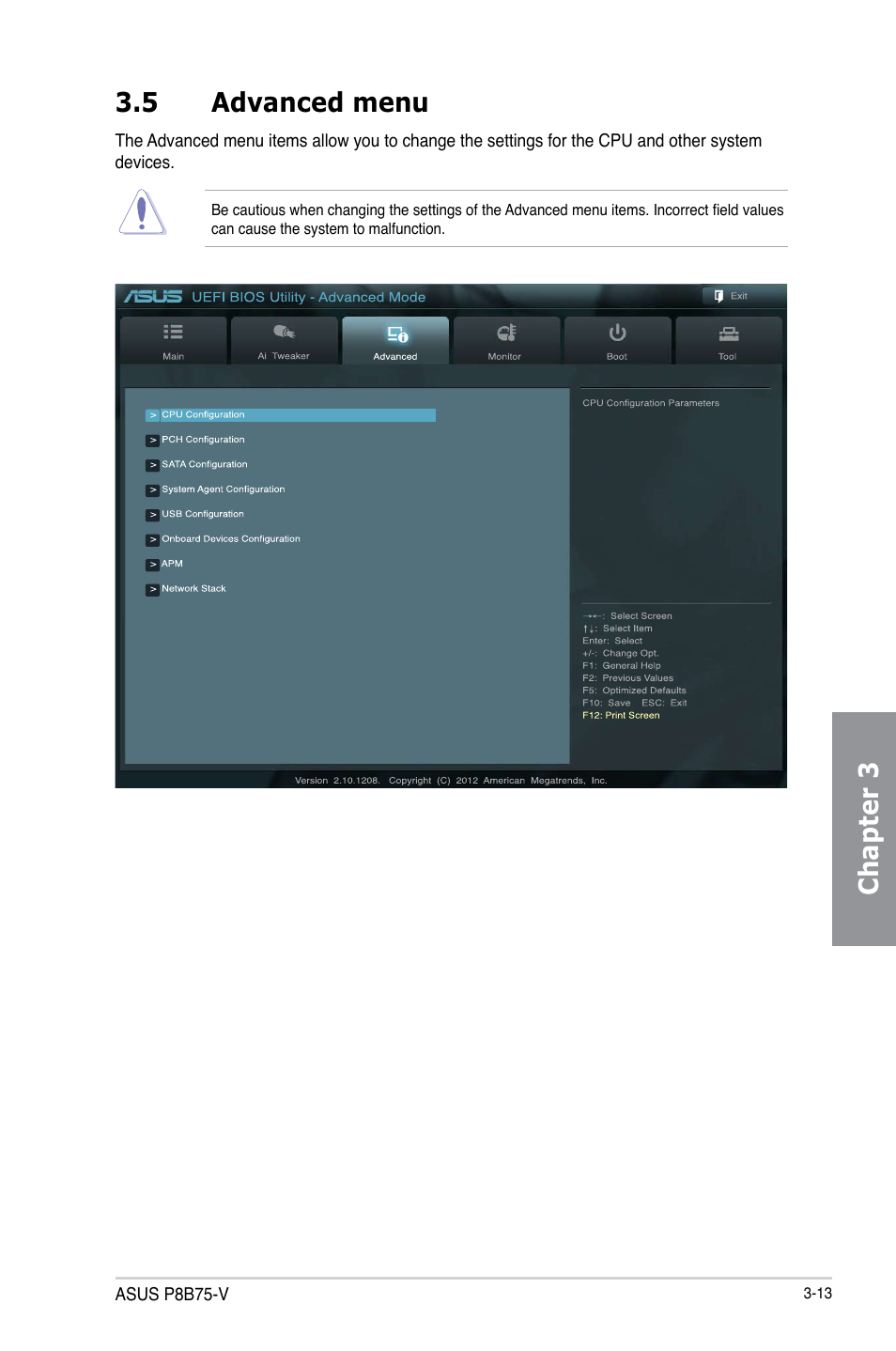 5 advanced menu, Advanced menu -13, Chapter 3 | Asus P8B75-V User Manual | Page 71 / 132