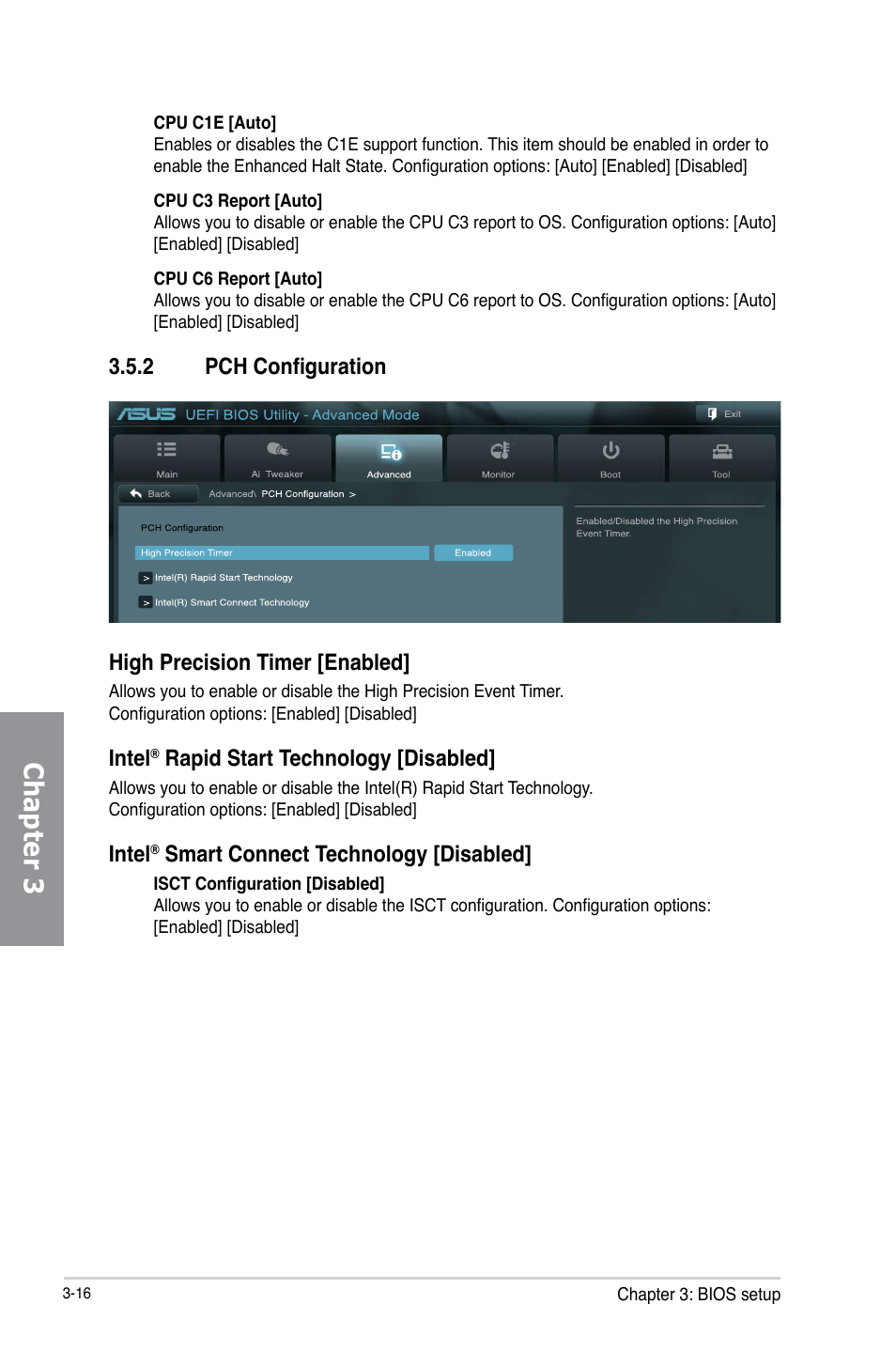 2 pch configuration, Pch configuration -16, Chapter 3 | 2 pch configuration high precision timer [enabled, Intel, Rapid start technology [disabled, Smart connect technology [disabled | Asus P8B75-V User Manual | Page 74 / 132