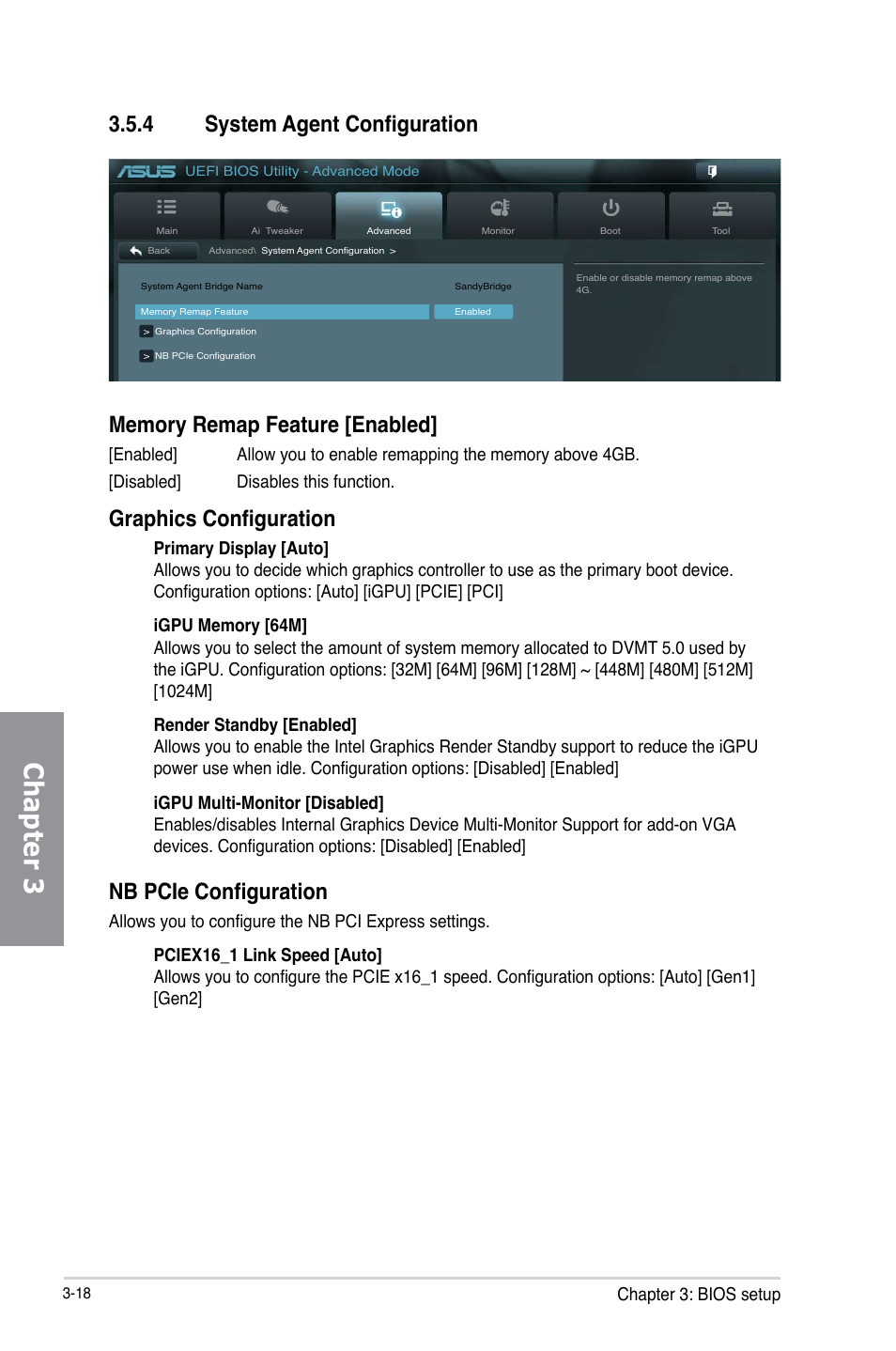 4 system agent configuration, System agent configuration -18, Chapter 3 | Graphics configuration, Nb pcie configuration, Chapter 3: bios setup | Asus P8B75-V User Manual | Page 76 / 132