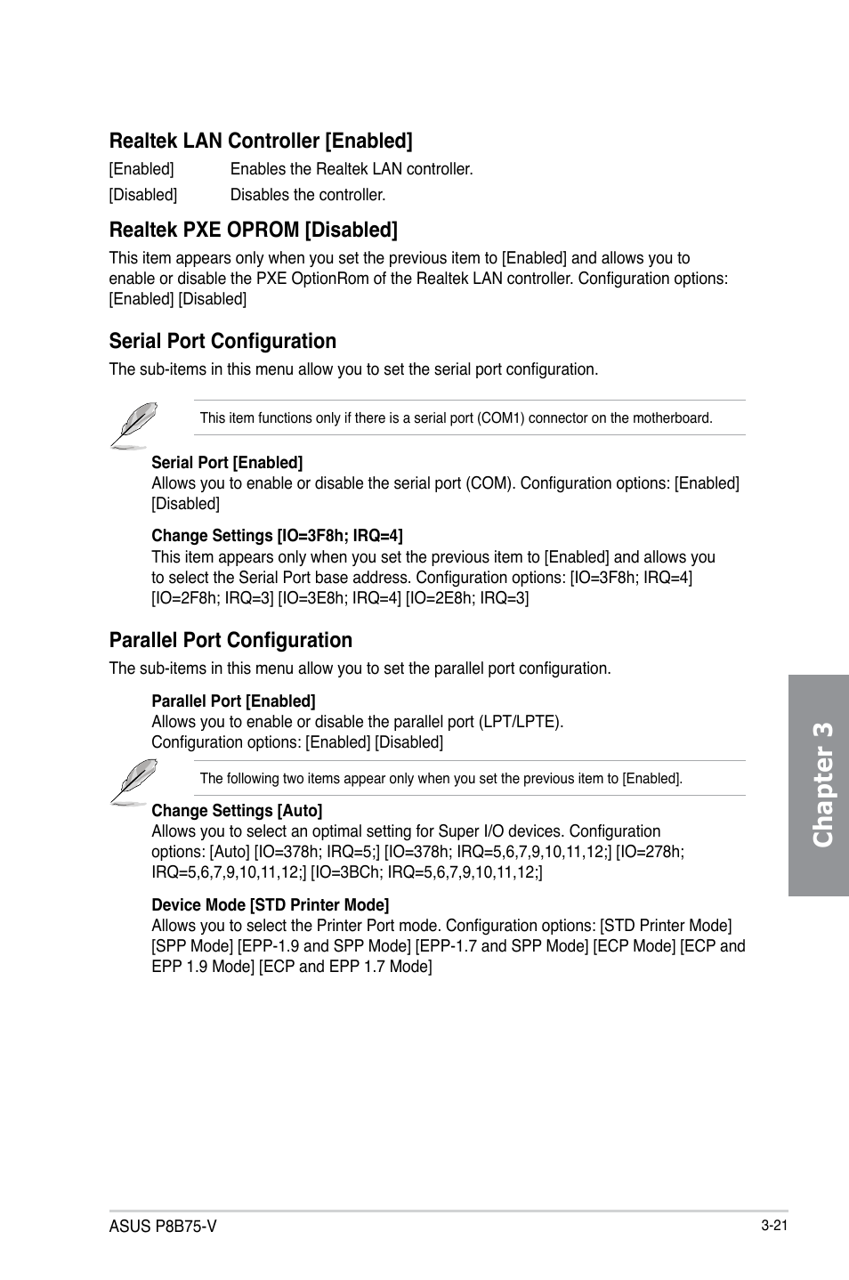 Chapter 3, Realtek lan controller [enabled, Realtek pxe oprom [disabled | Serial port configuration, Parallel port configuration | Asus P8B75-V User Manual | Page 79 / 132