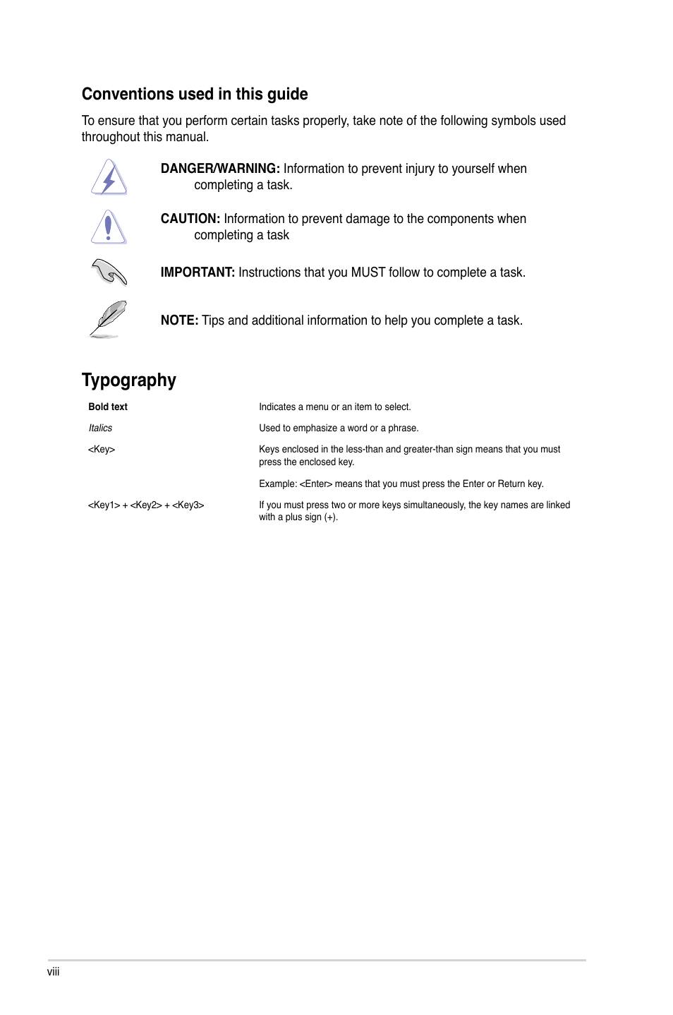 Typography, Conventions used in this guide | Asus P8B75-V User Manual | Page 8 / 132