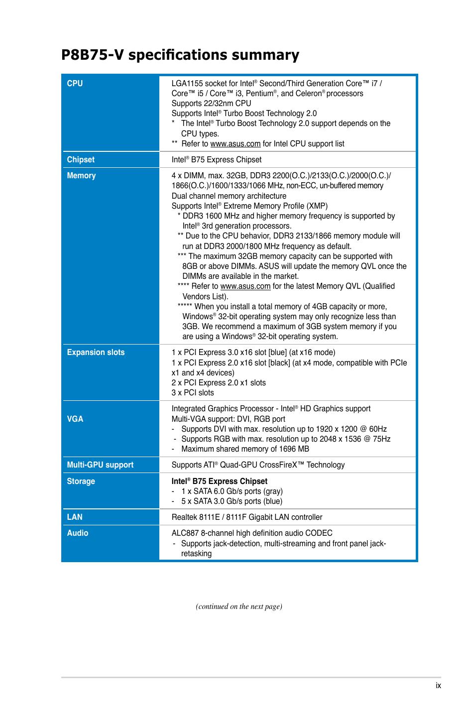 P8b75-v specifications summary | Asus P8B75-V User Manual | Page 9 / 132