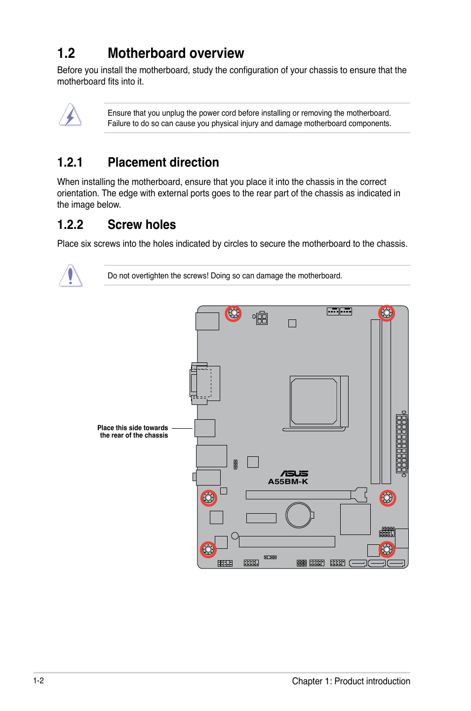 2 motherboard overview, 1 placement direction, 2 screw holes | Asus A55BM-K User Manual | Page 10 / 49