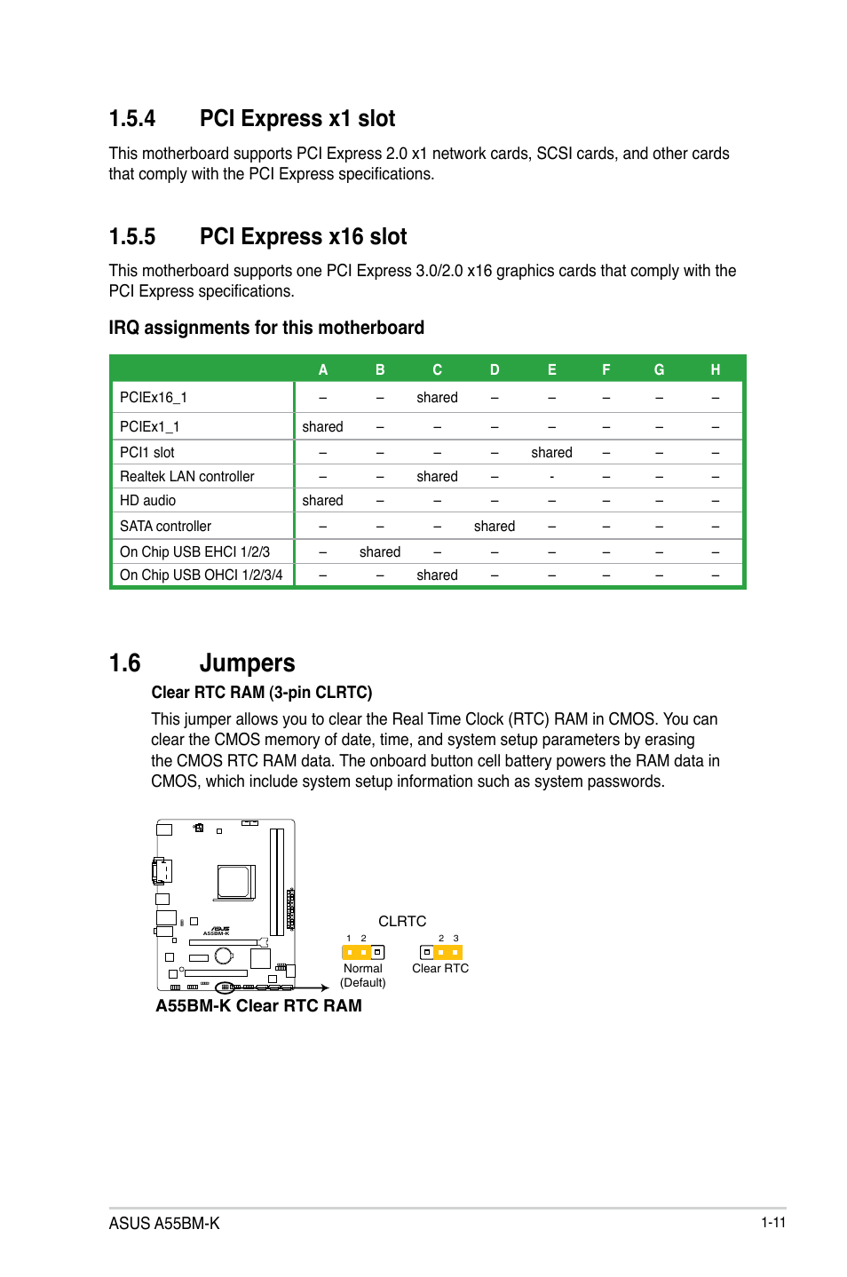 6 jumpers, 4 pci express x1 slot, 5 pci express x16 slot | Irq assignments for this motherboard | Asus A55BM-K User Manual | Page 19 / 49