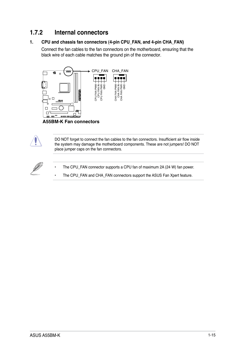 2 internal connectors, Asus a55bm-k, A55bm-k fan connectors | Asus A55BM-K User Manual | Page 23 / 49