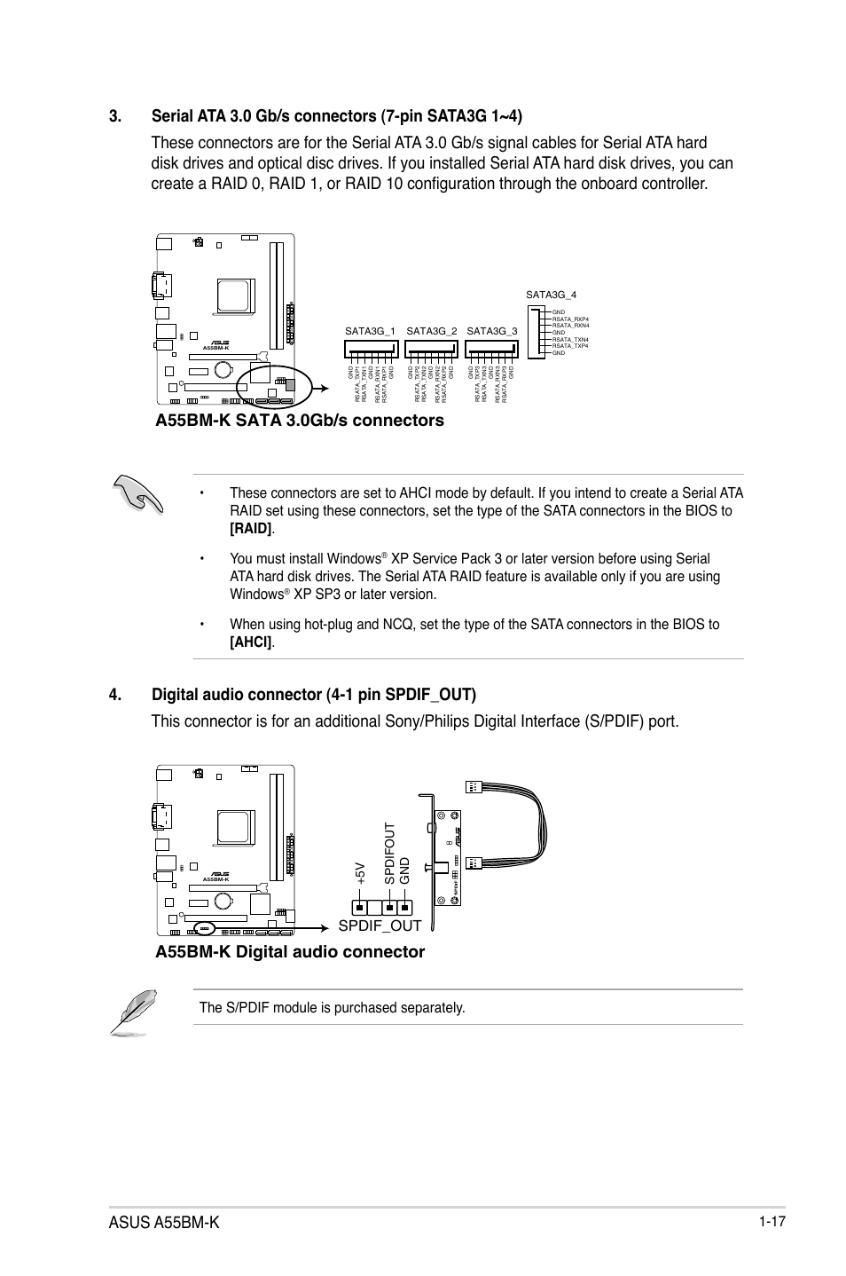 Asus a55bm-k, A55bm-k sata 3.0gb/s connectors, A55bm-k digital audio connector | Asus A55BM-K User Manual | Page 25 / 49