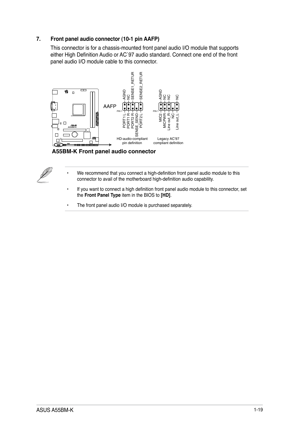 Asus a55bm-k, A55bm-k front panel audio connector | Asus A55BM-K User Manual | Page 27 / 49