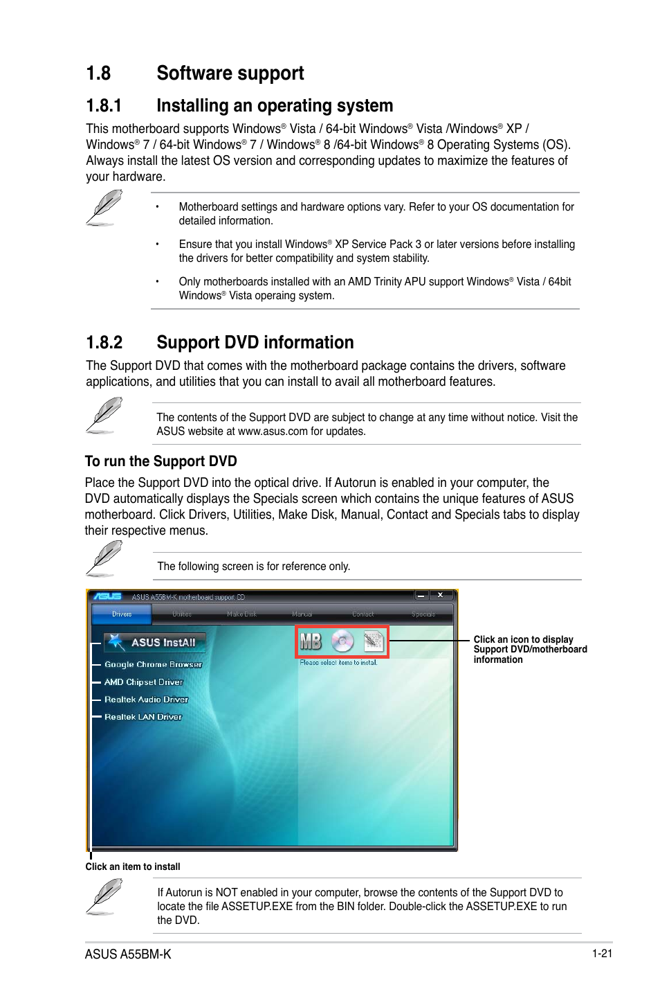 8 software support, 1 installing an operating system, 2 support dvd information | Asus A55BM-K User Manual | Page 29 / 49