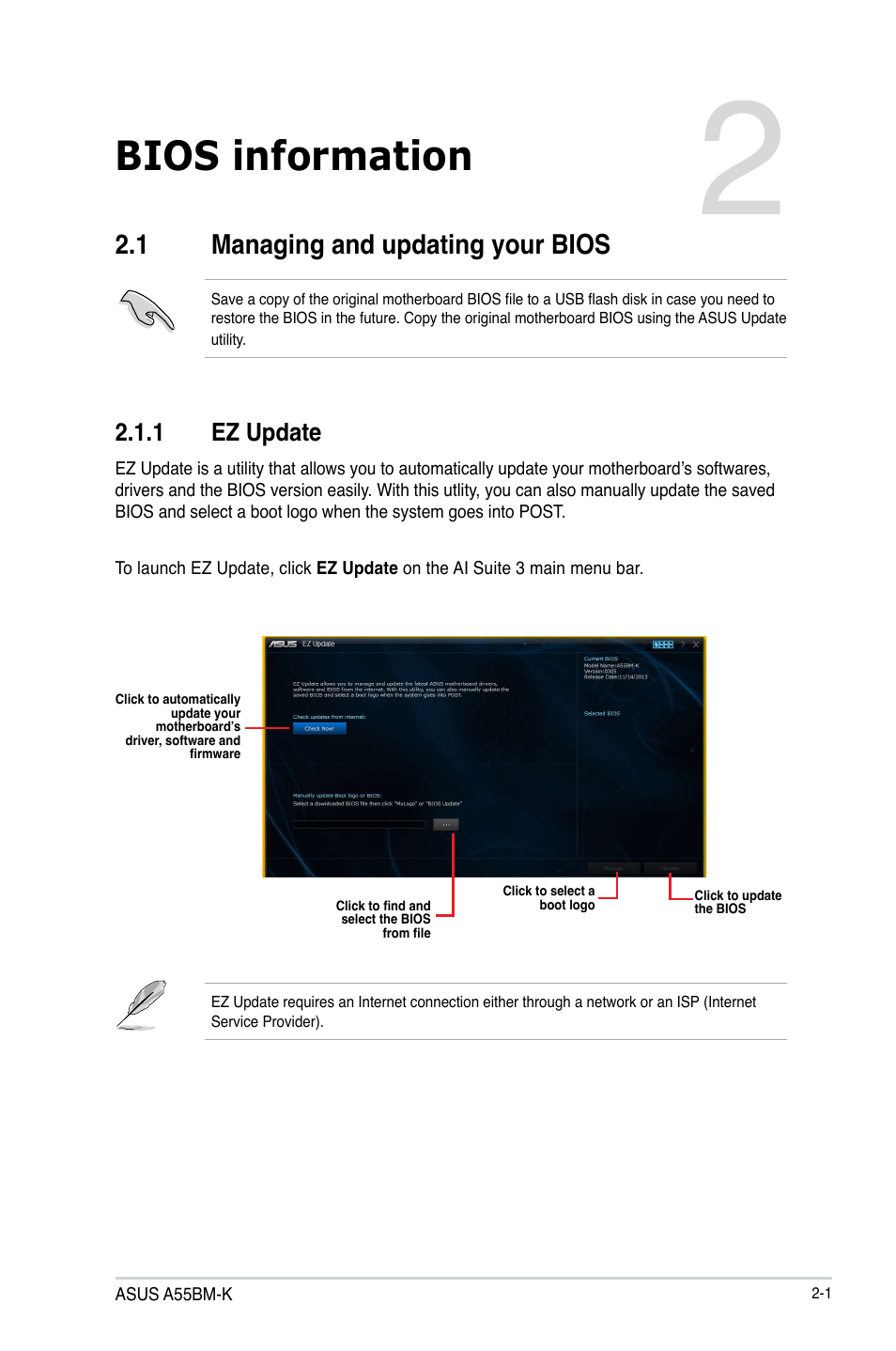 Bios information, 1 managing and updating your bios | Asus A55BM-K User Manual | Page 31 / 49