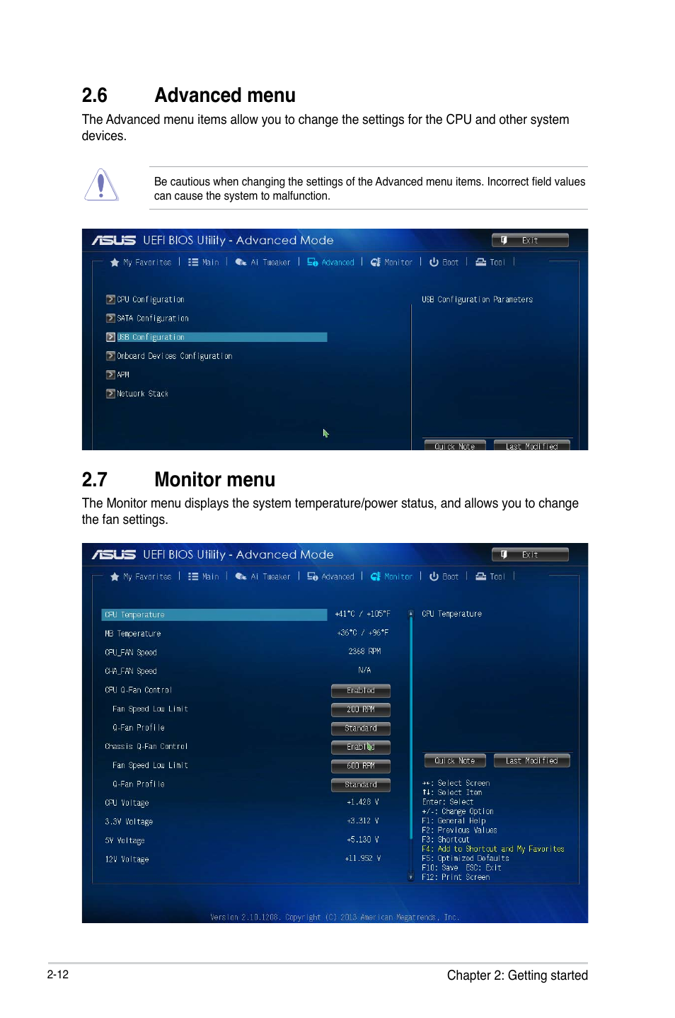 6 advanced menu, 7 monitor menu | Asus A55BM-K User Manual | Page 42 / 49