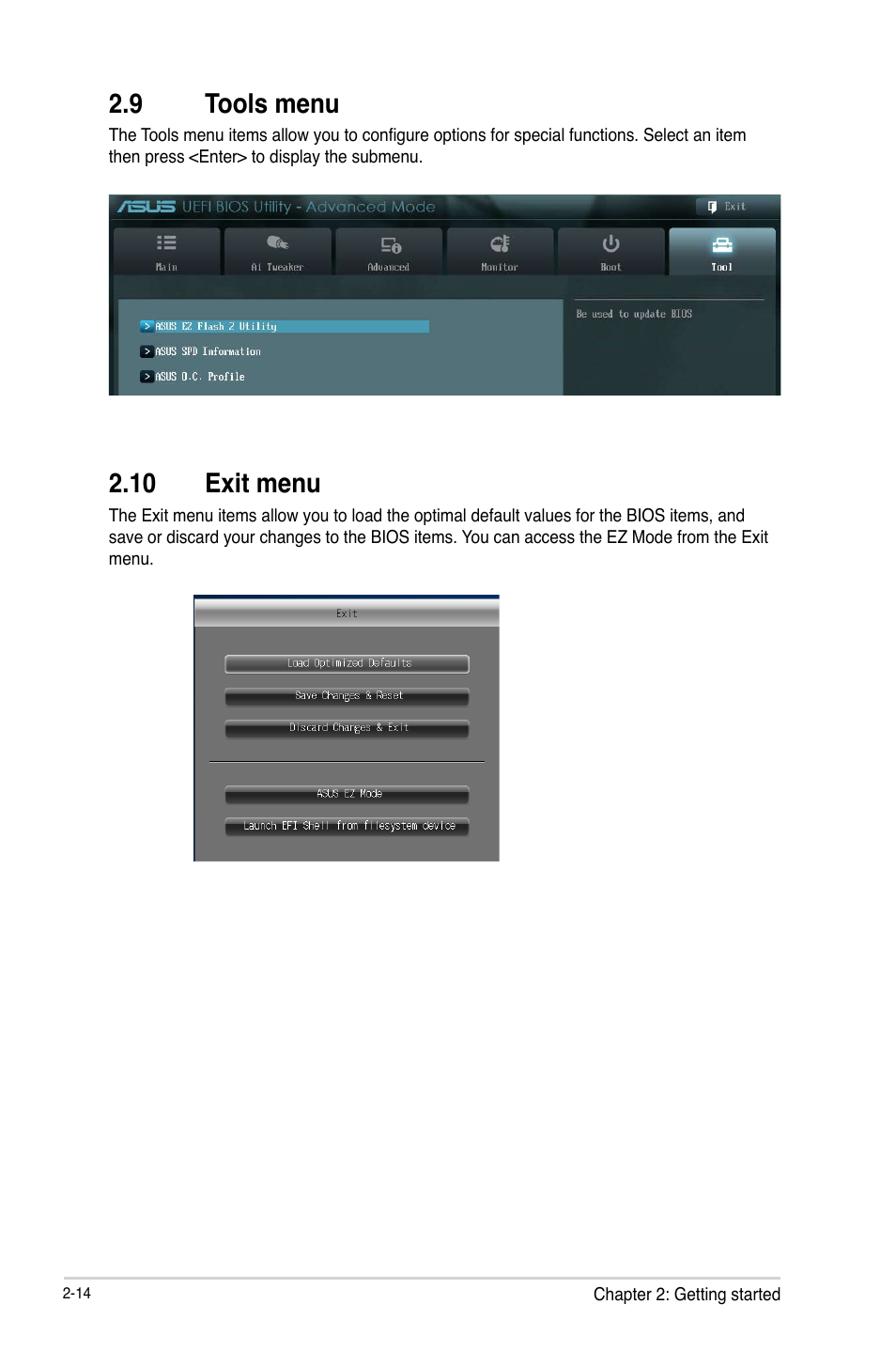 9 tools menu, 10 exit menu | Asus A55BM-K User Manual | Page 44 / 49