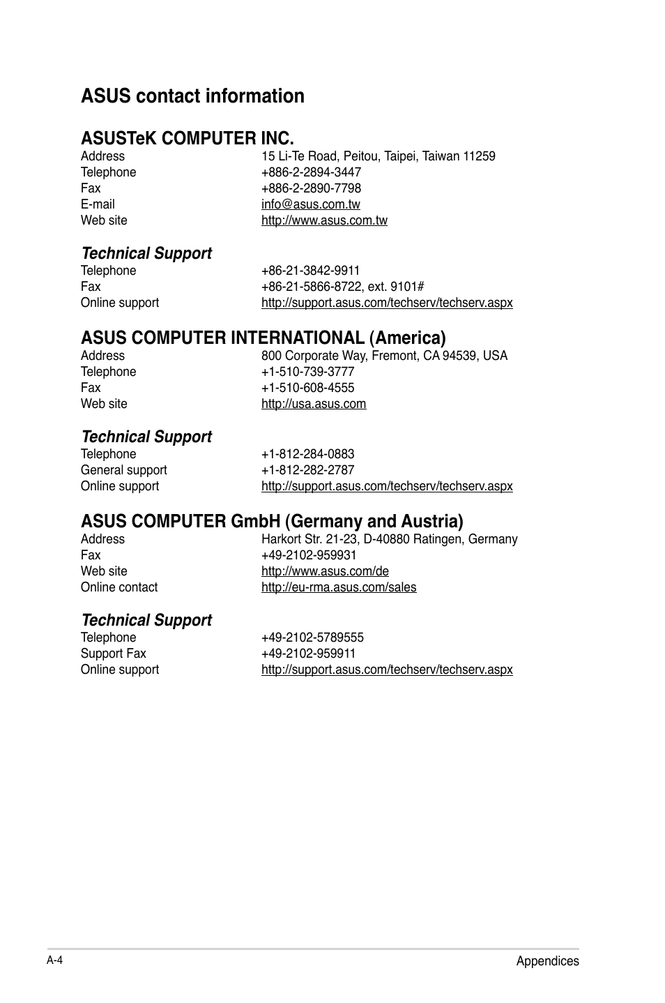 Asus contact information, Asustek computer inc, Asus computer international (america) | Asus computer gmbh (germany and austria), Technical support | Asus A55BM-K User Manual | Page 48 / 49