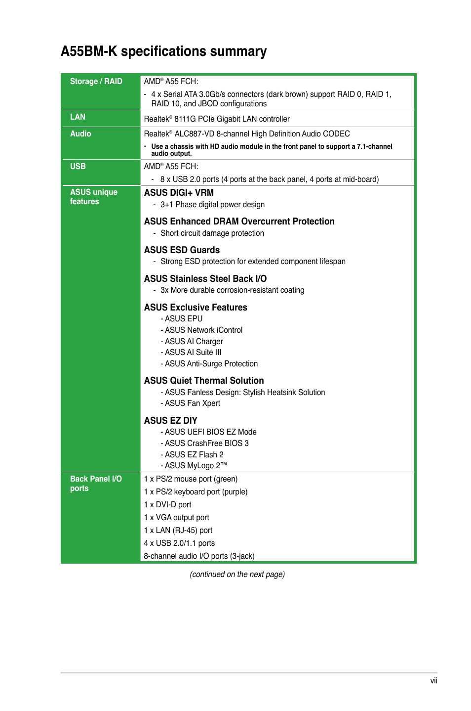 A55bm-k specifications summary | Asus A55BM-K User Manual | Page 7 / 49