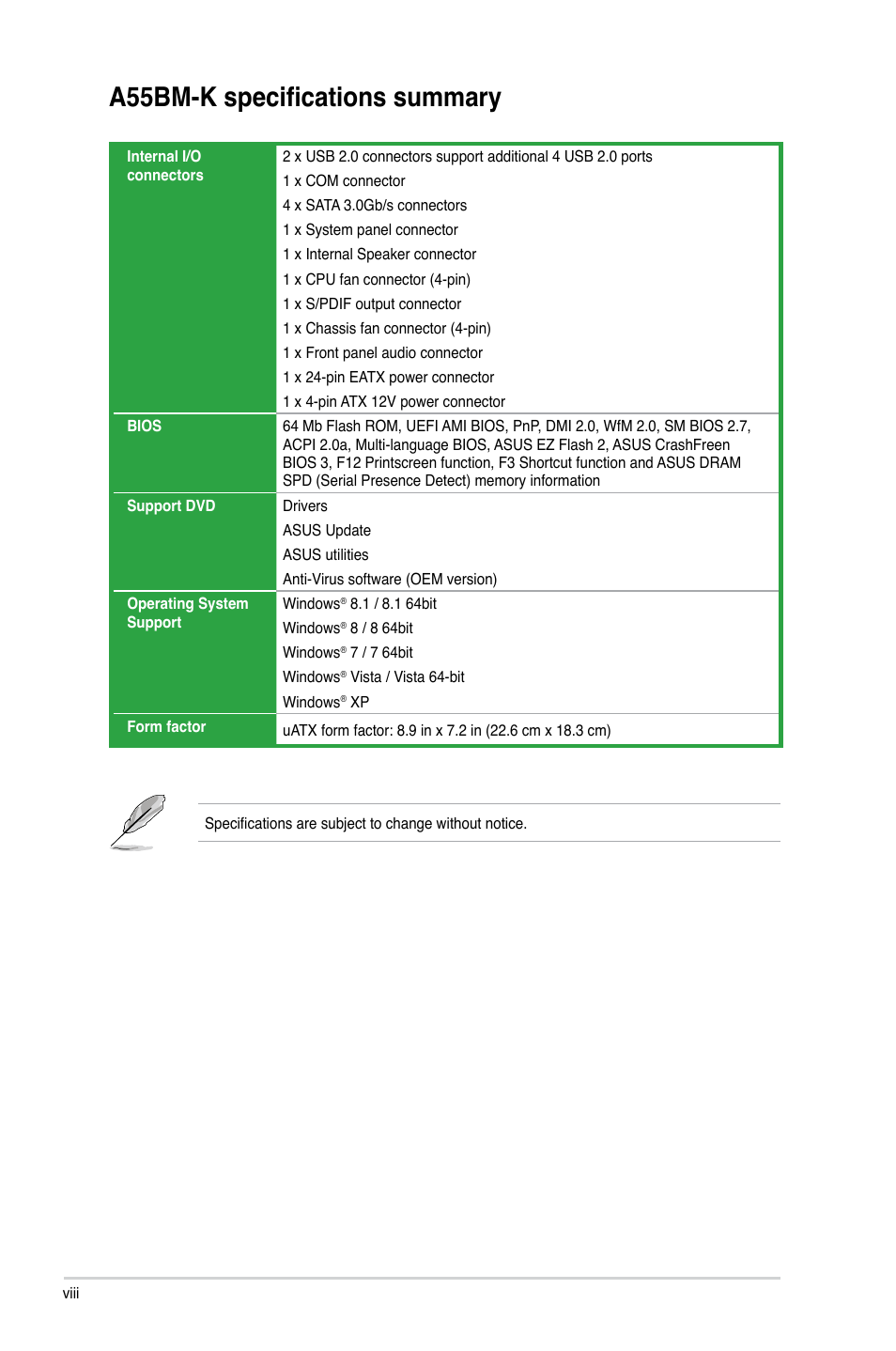 A55bm-k specifications summary | Asus A55BM-K User Manual | Page 8 / 49