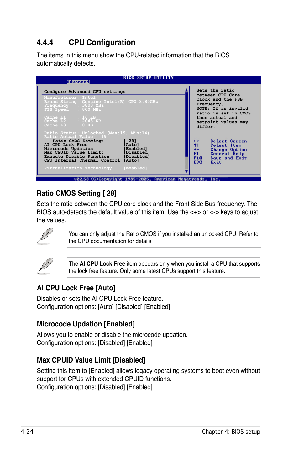 4 cpu configuration, Ratio cmos setting [ 28, Ai cpu lock free [auto | Microcode updation [enabled, Max cpuid value limit [disabled | Asus P5W User Manual | Page 100 / 210