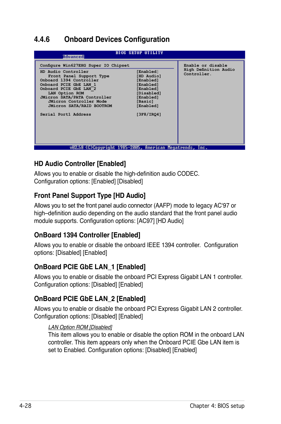 6 onboard devices configuration, Hd audio controller [enabled, Front panel support type [hd audio | Onboard 1394 controller [enabled, Onboard pcie gbe lan_1 [enabled, Onboard pcie gbe lan_2 [enabled | Asus P5W User Manual | Page 104 / 210