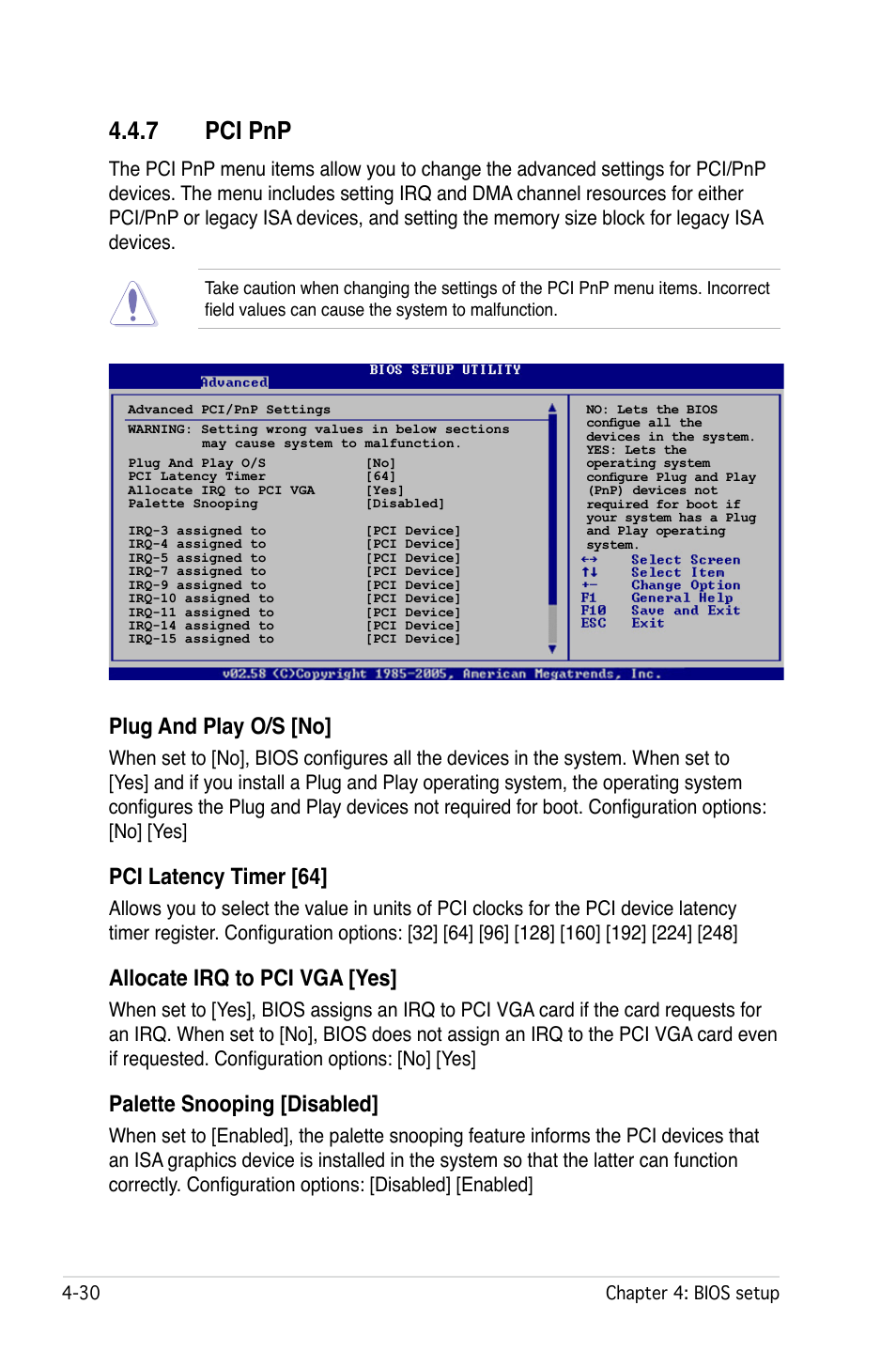 7 pci pnp, Plug and play o/s [no, Pci latency timer [64 | Allocate irq to pci vga [yes, Palette snooping [disabled | Asus P5W User Manual | Page 106 / 210