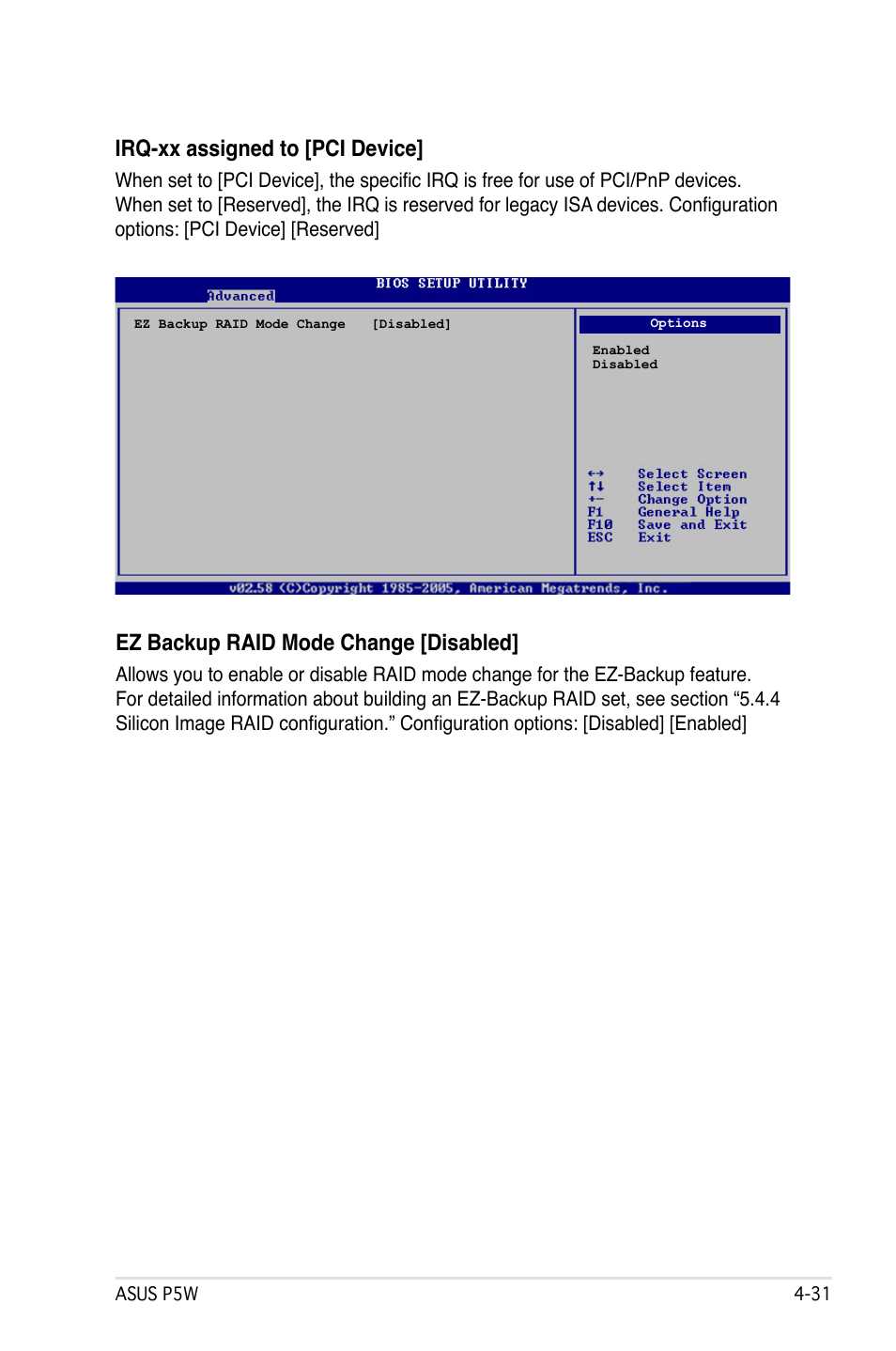 Irq-xx assigned to [pci device, Ez backup raid mode change [disabled | Asus P5W User Manual | Page 107 / 210