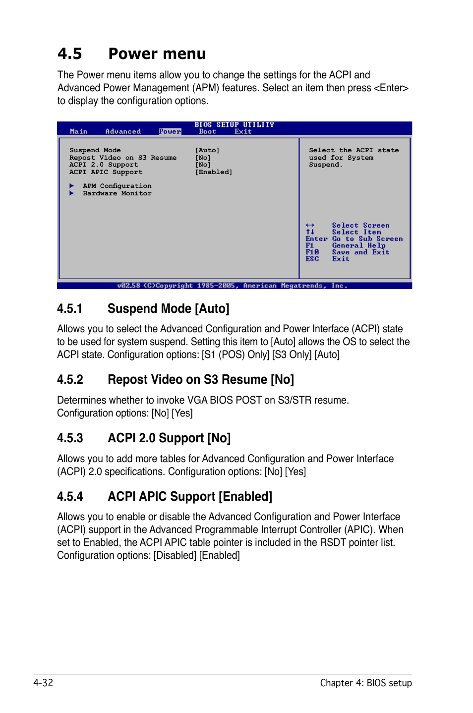 5 power menu, 1 suspend mode [auto, 2 repost video on s3 resume [no | 3 acpi 2.0 support [no, 4 acpi apic support [enabled | Asus P5W User Manual | Page 108 / 210