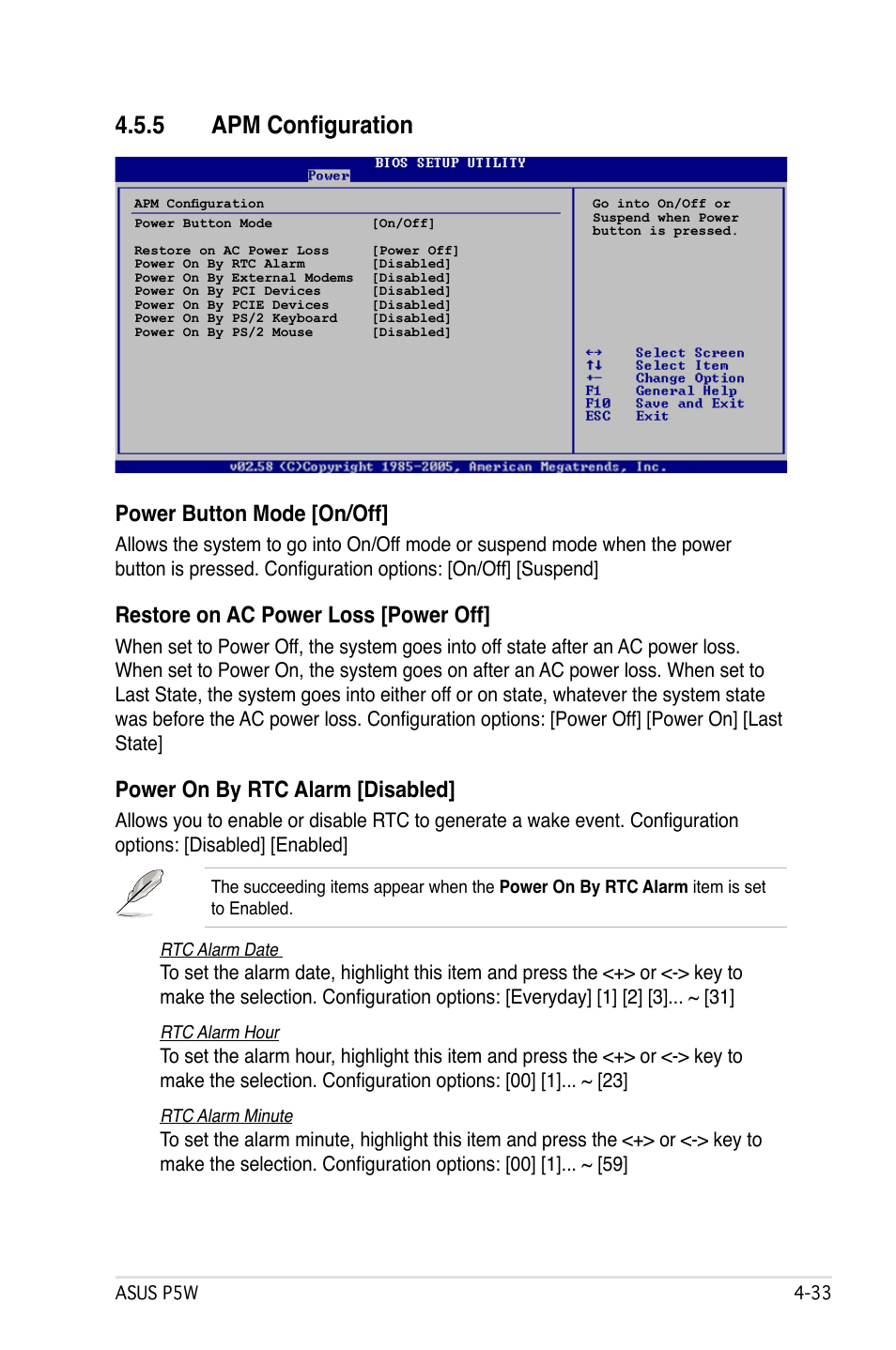 5 apm configuration, Power button mode [on/off, Restore on ac power loss [power off | Power on by rtc alarm [disabled | Asus P5W User Manual | Page 109 / 210