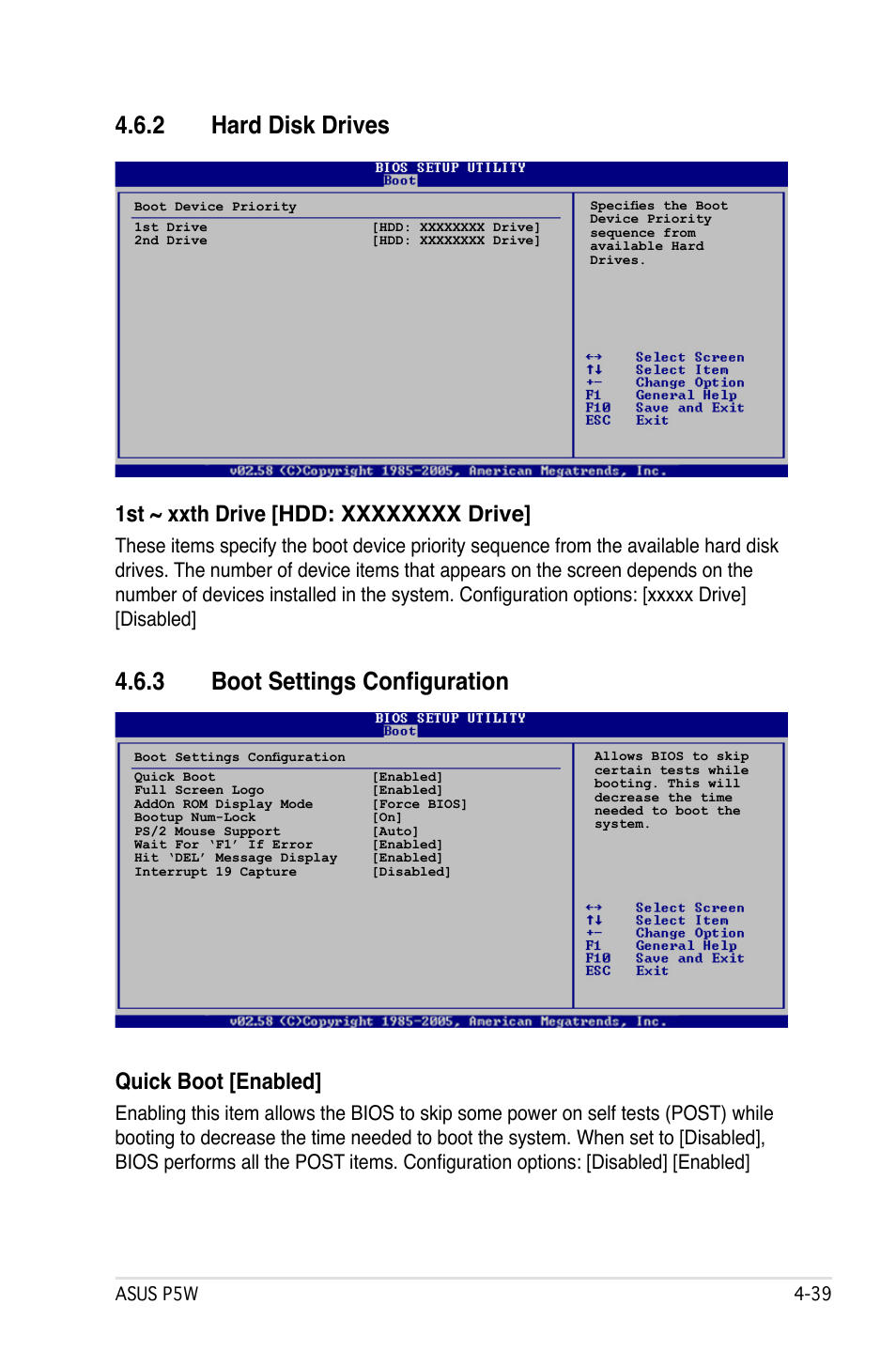 2 hard disk drives, 3 boot settings configuration, Quick boot [enabled | Asus P5W User Manual | Page 115 / 210