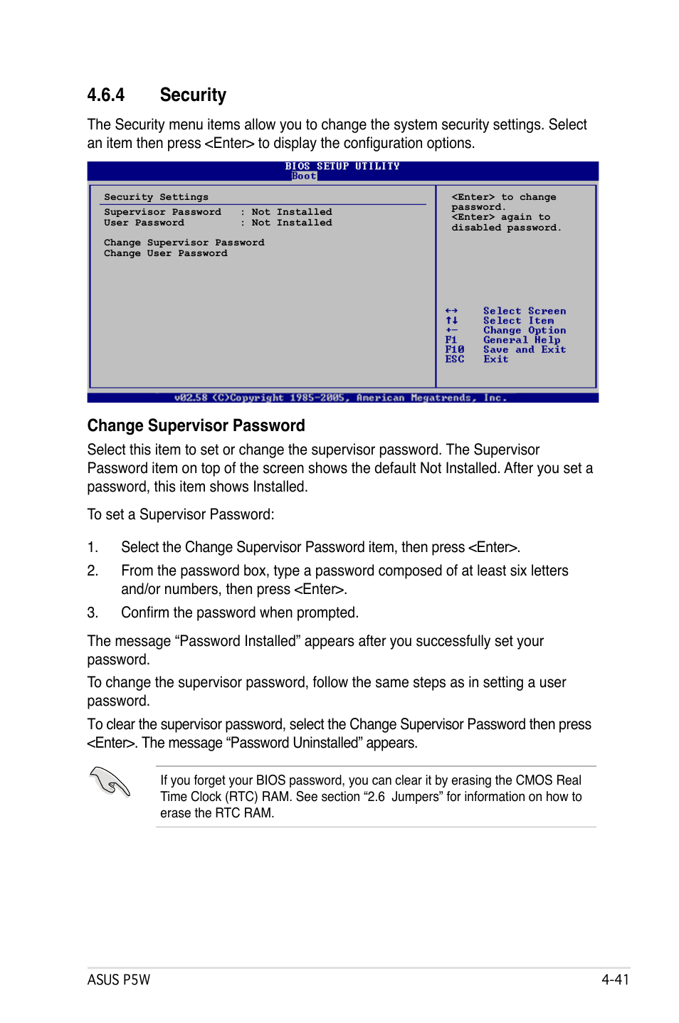 4 security, Change supervisor password | Asus P5W User Manual | Page 117 / 210