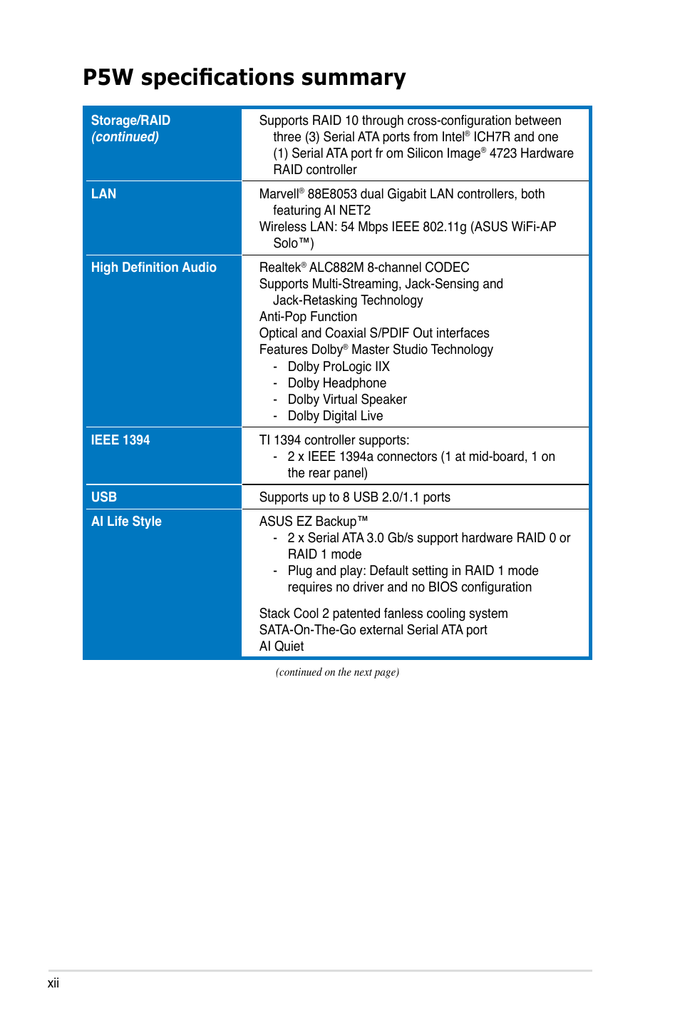 P5w specifications summary | Asus P5W User Manual | Page 12 / 210