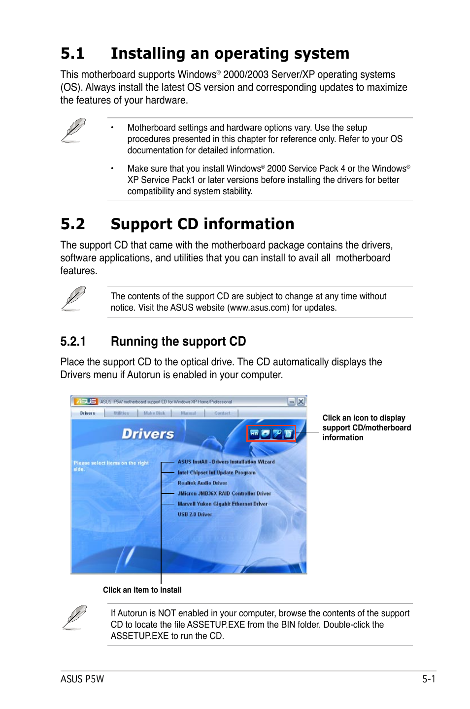 1 installing an operating system, 2 support cd information, 1 running the support cd | Asus P5W User Manual | Page 125 / 210