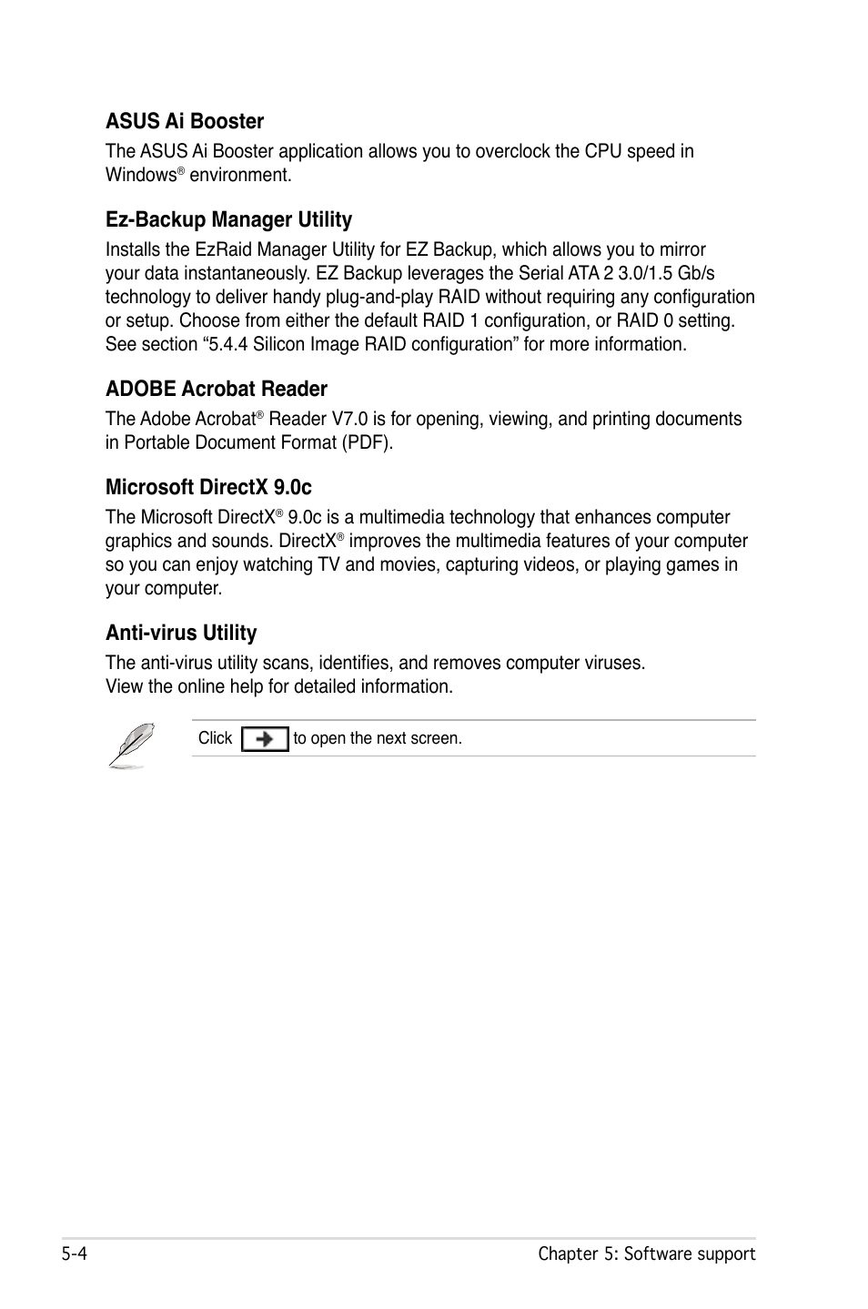 Asus ai booster, Ez-backup manager utility, Adobe acrobat reader | Microsoft directx 9.0c, Anti-virus utility | Asus P5W User Manual | Page 128 / 210