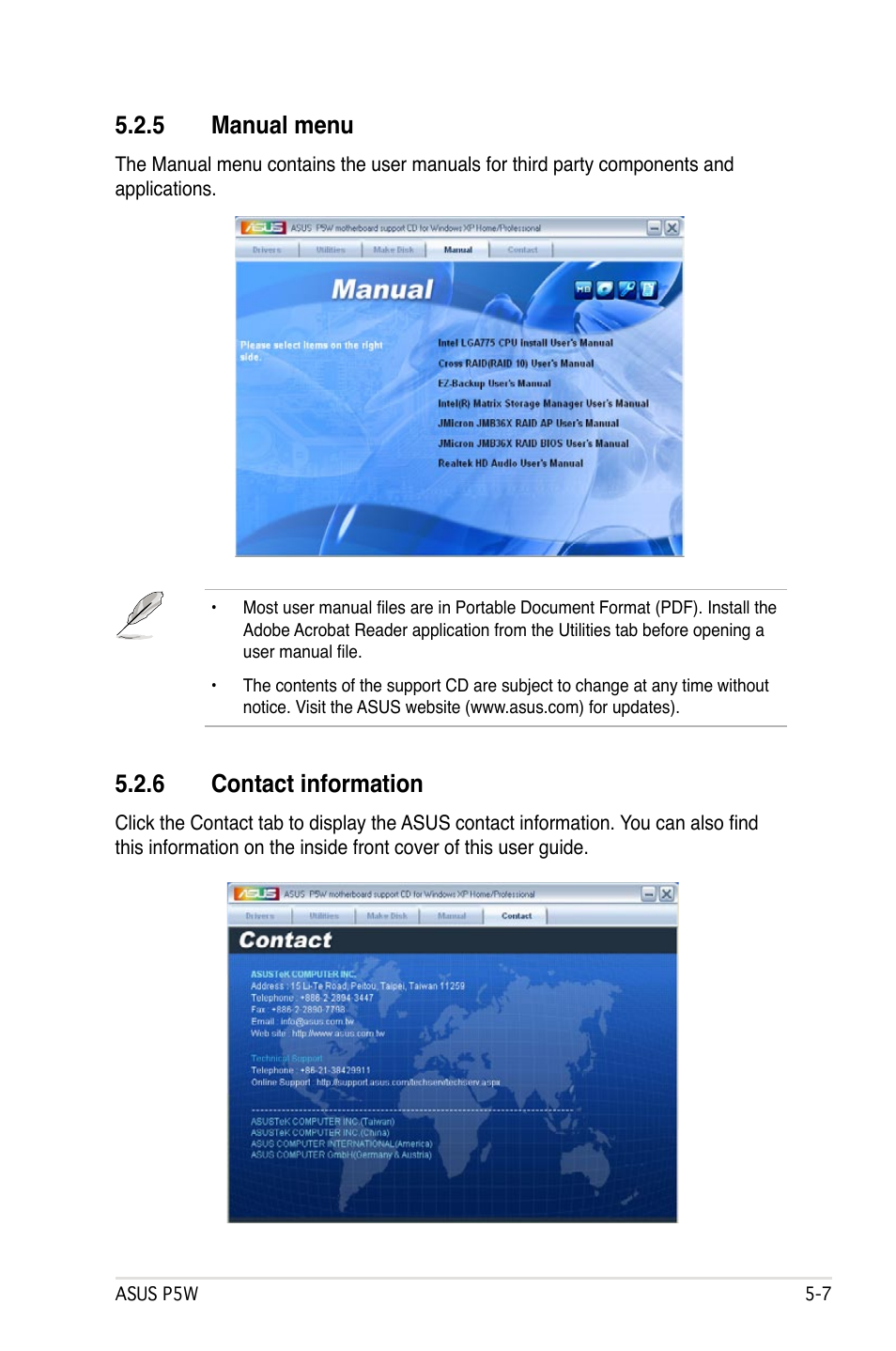 5 manual menu, 6 contact information | Asus P5W User Manual | Page 131 / 210