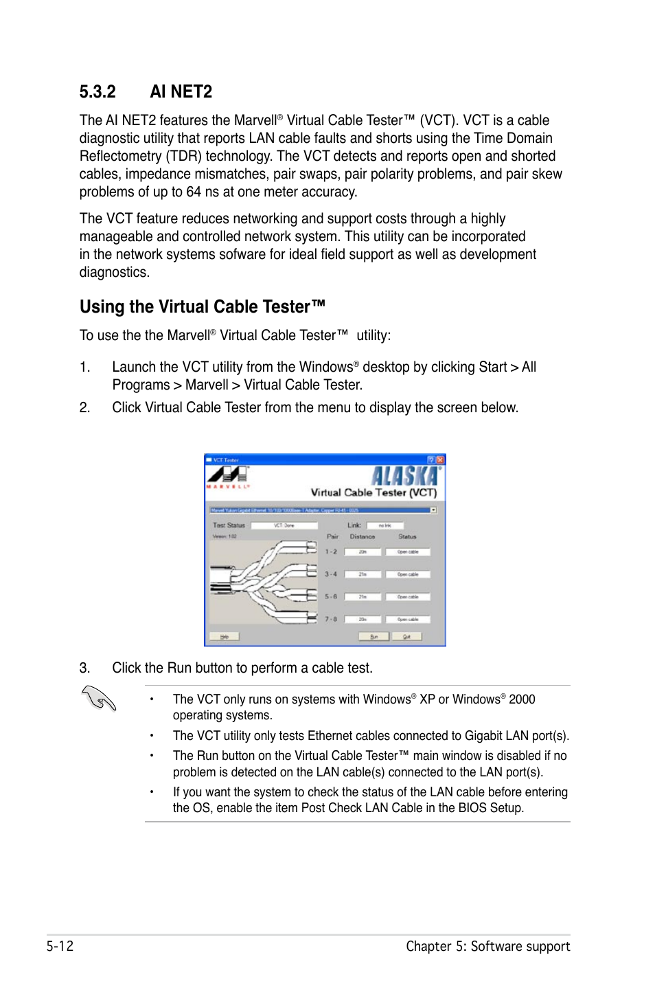 2 ai net2, Using the virtual cable tester | Asus P5W User Manual | Page 136 / 210