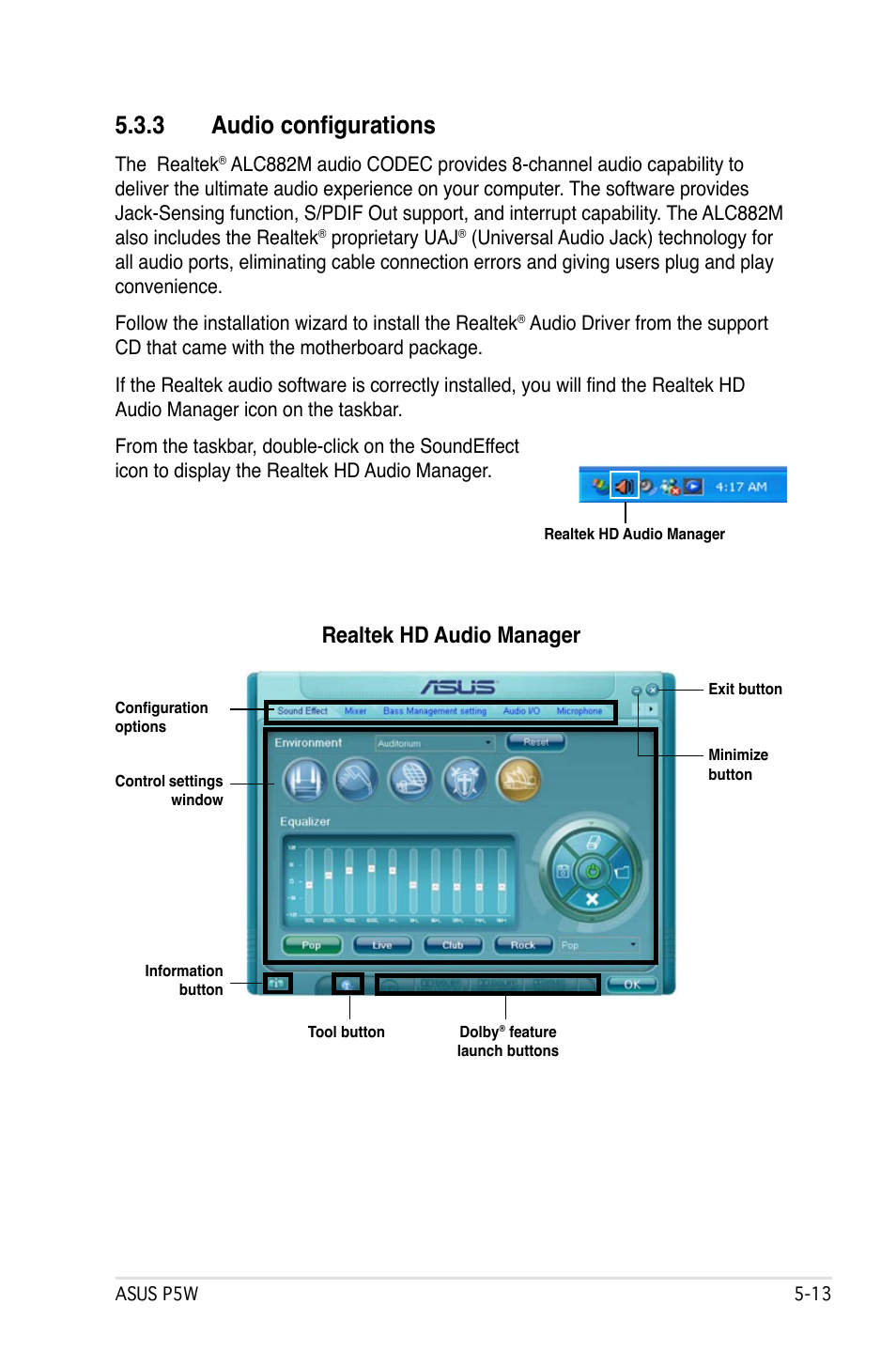 3 audio configurations, Realtek hd audio manager | Asus P5W User Manual | Page 137 / 210