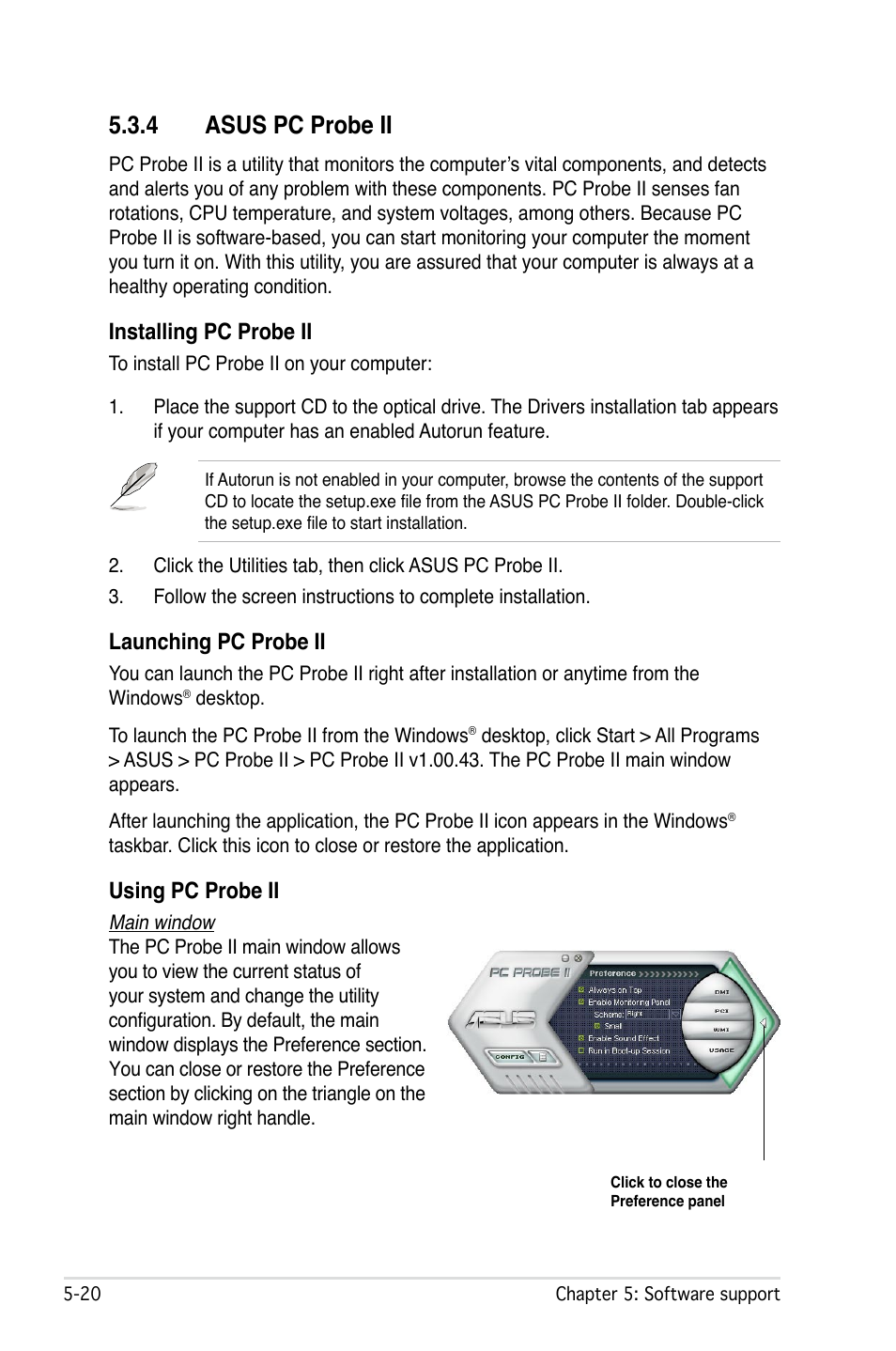 4 asus pc probe ii, Installing pc probe ii, Launching pc probe ii | Using pc probe ii | Asus P5W User Manual | Page 144 / 210