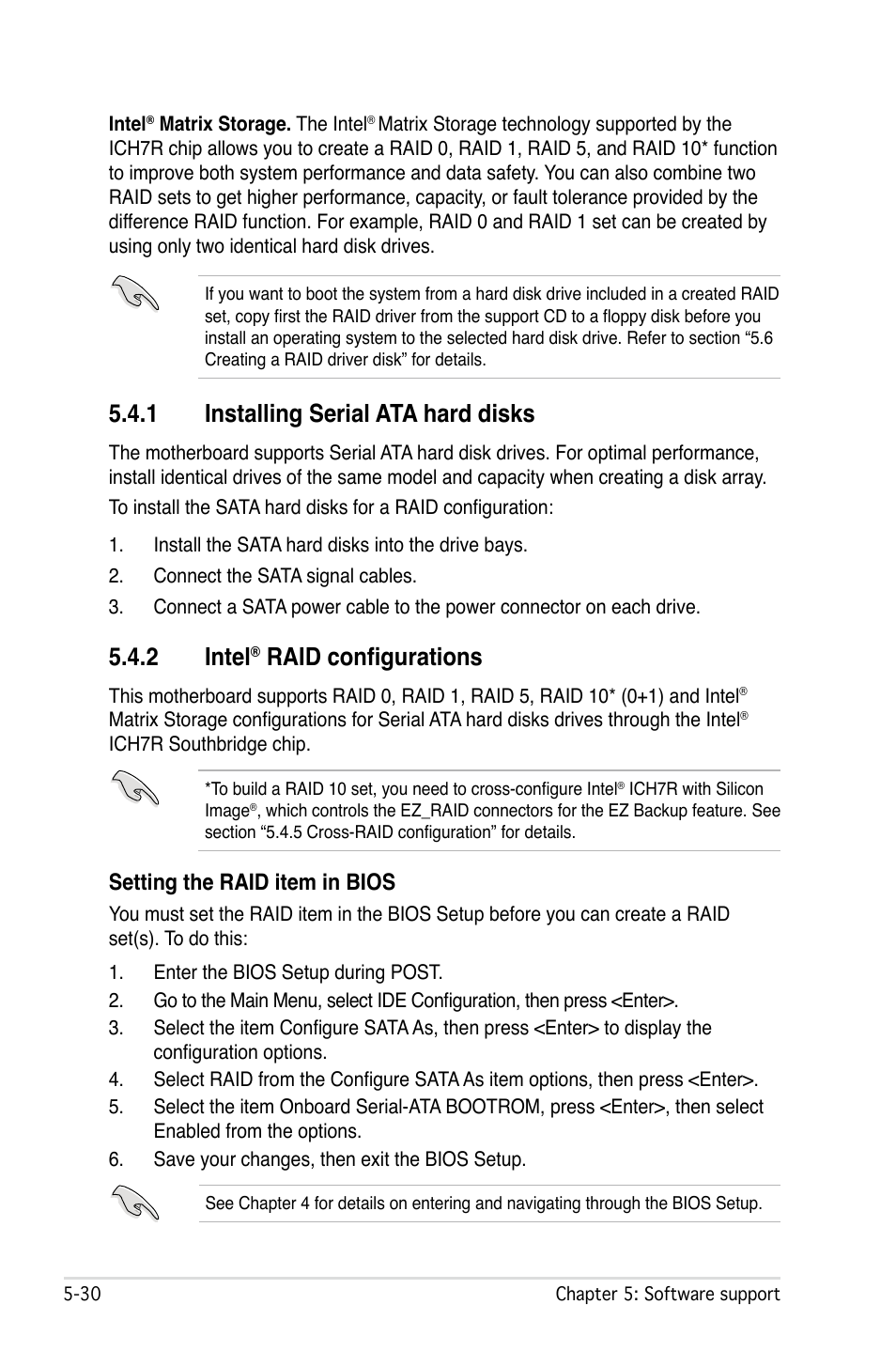 2 intel, Raid configurations, 1 installing serial ata hard disks | Setting the raid item in bios | Asus P5W User Manual | Page 154 / 210