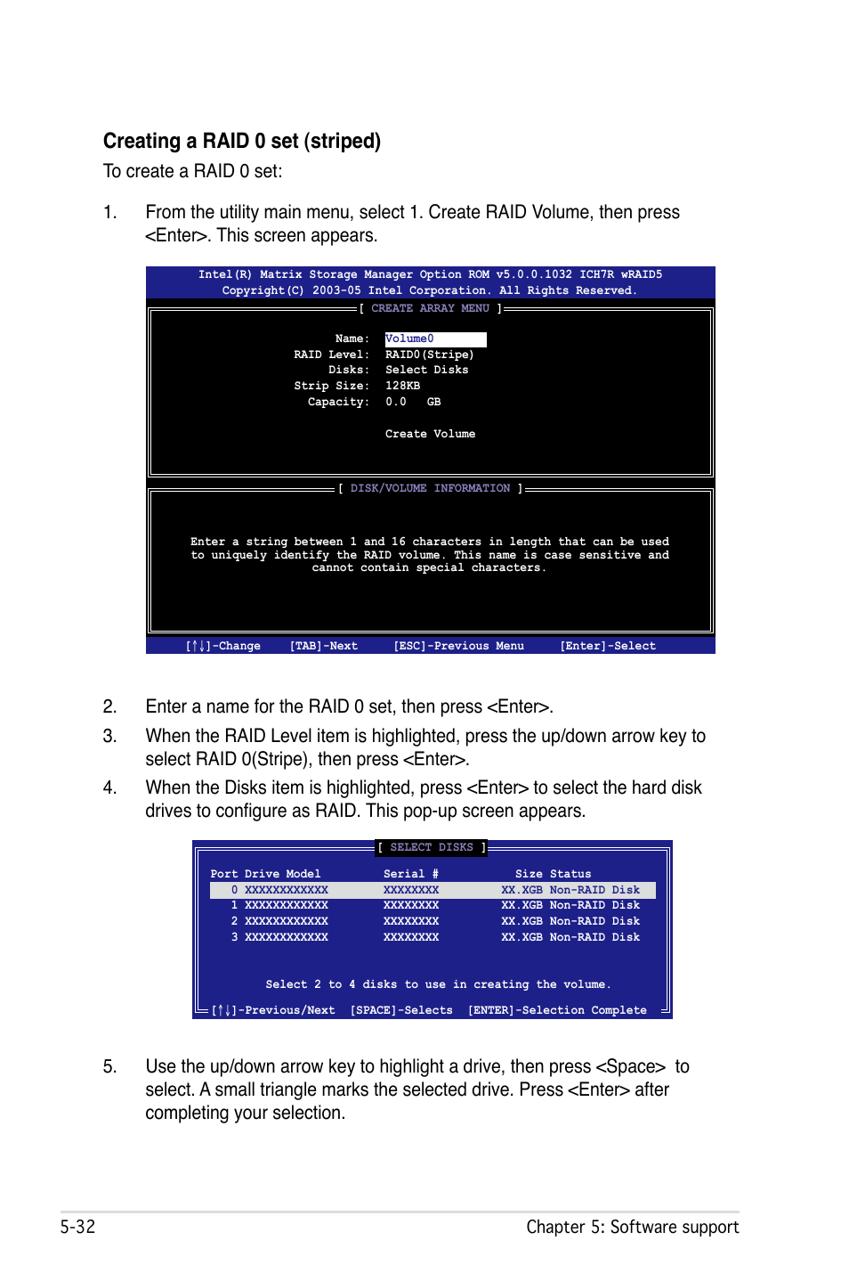 Creating a raid 0 set (striped) | Asus P5W User Manual | Page 156 / 210