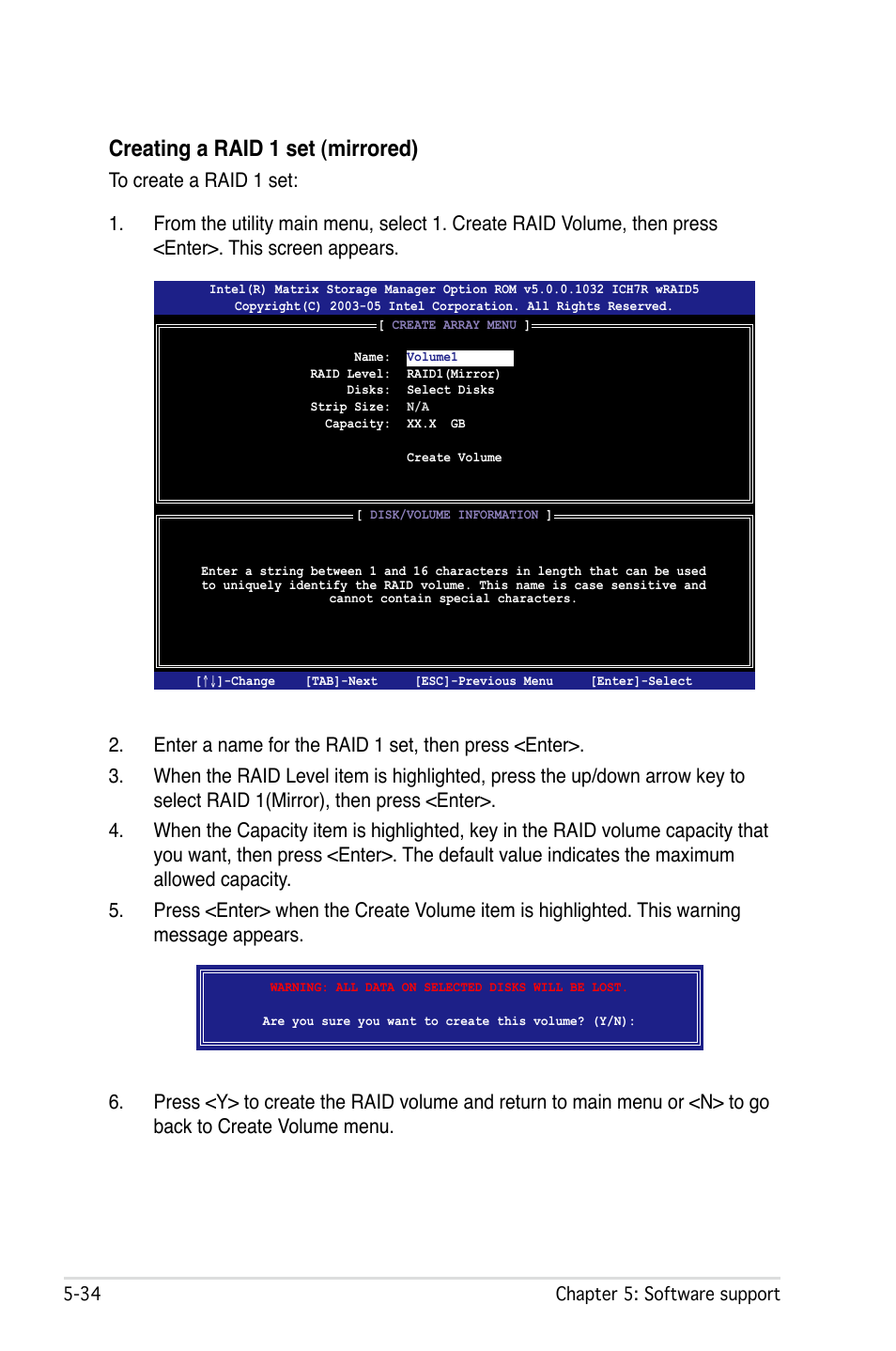 Creating a raid 1 set (mirrored) | Asus P5W User Manual | Page 158 / 210