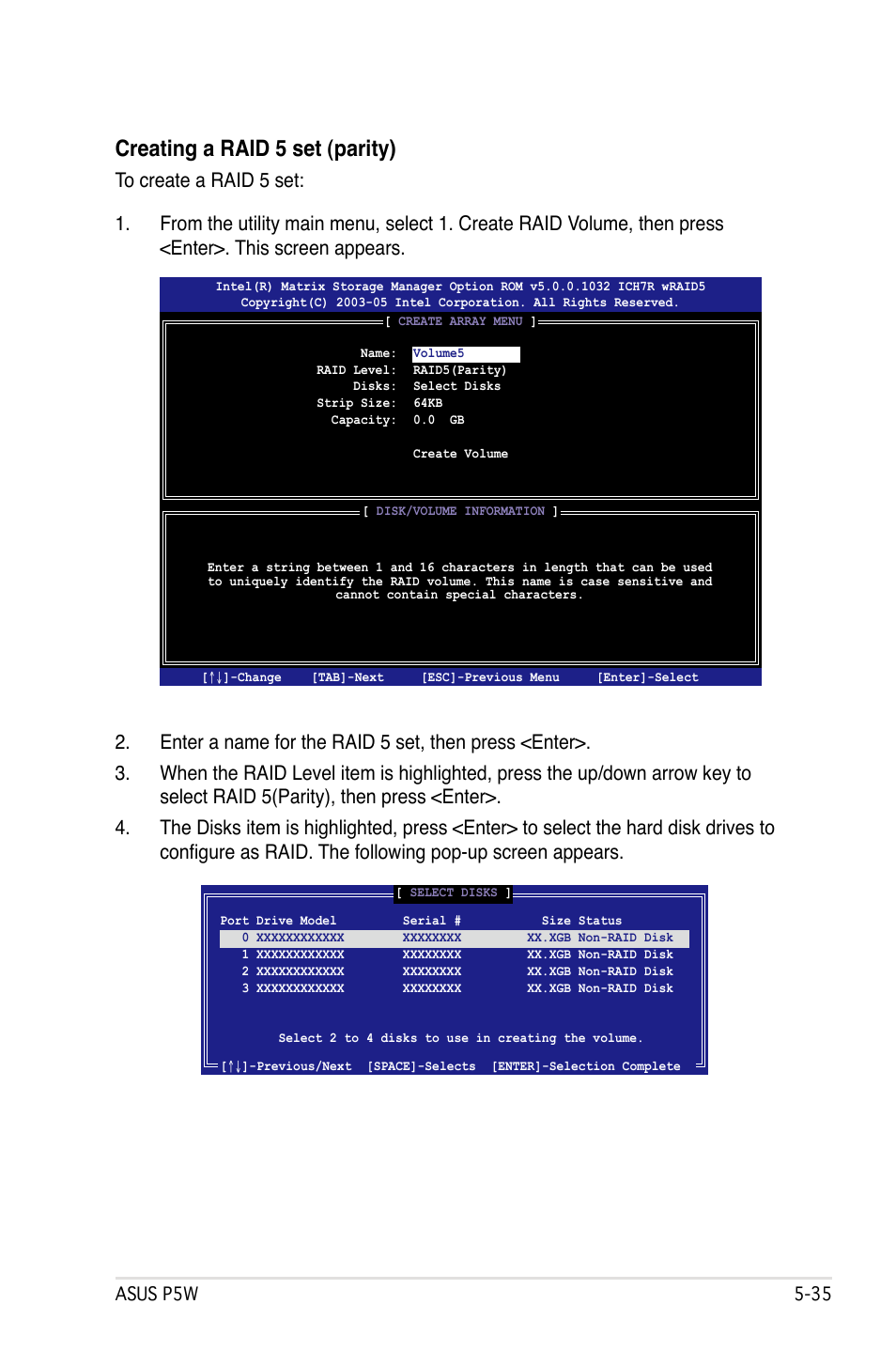 Creating a raid 5 set (parity) | Asus P5W User Manual | Page 159 / 210