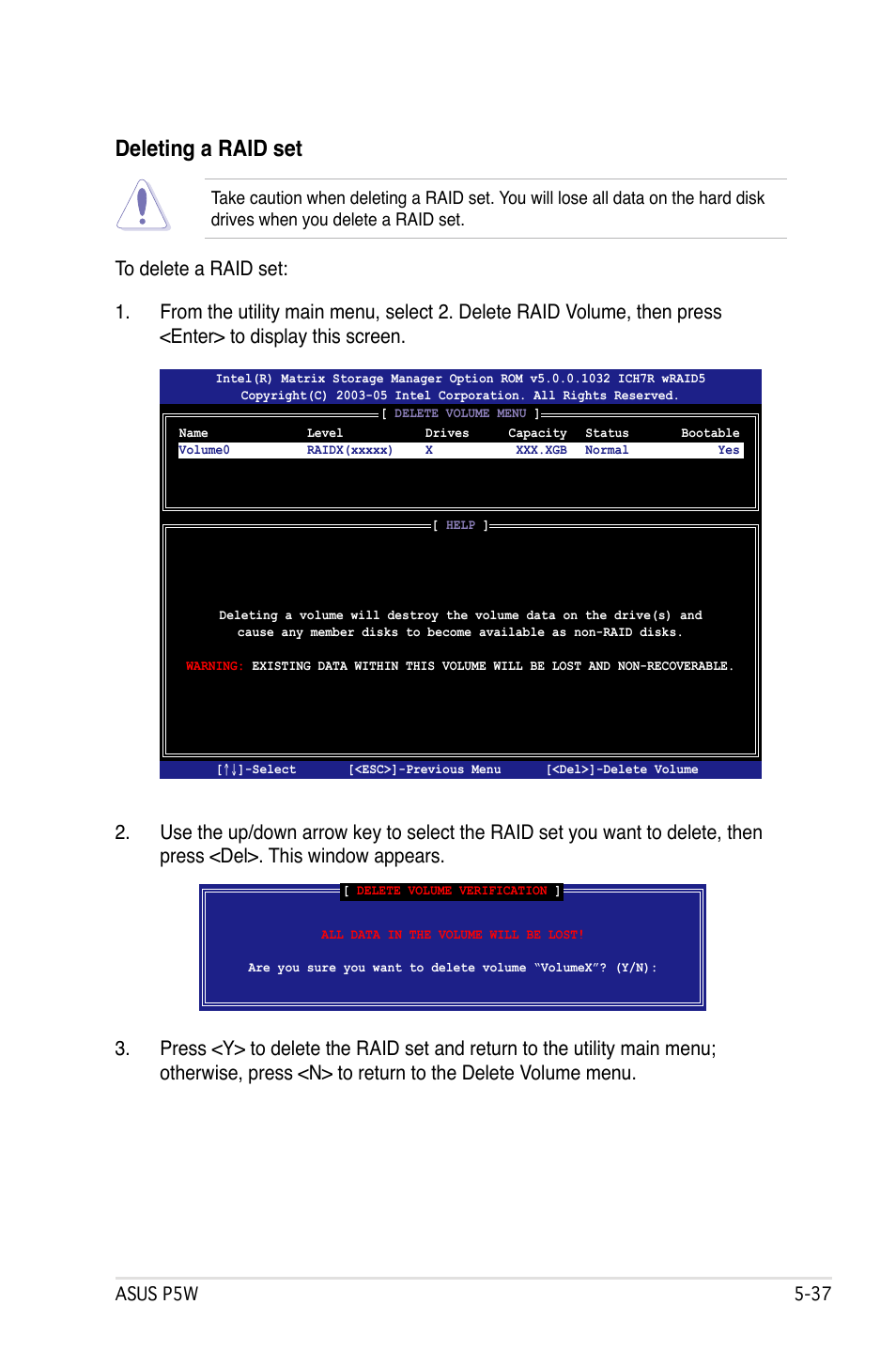 Deleting a raid set | Asus P5W User Manual | Page 161 / 210