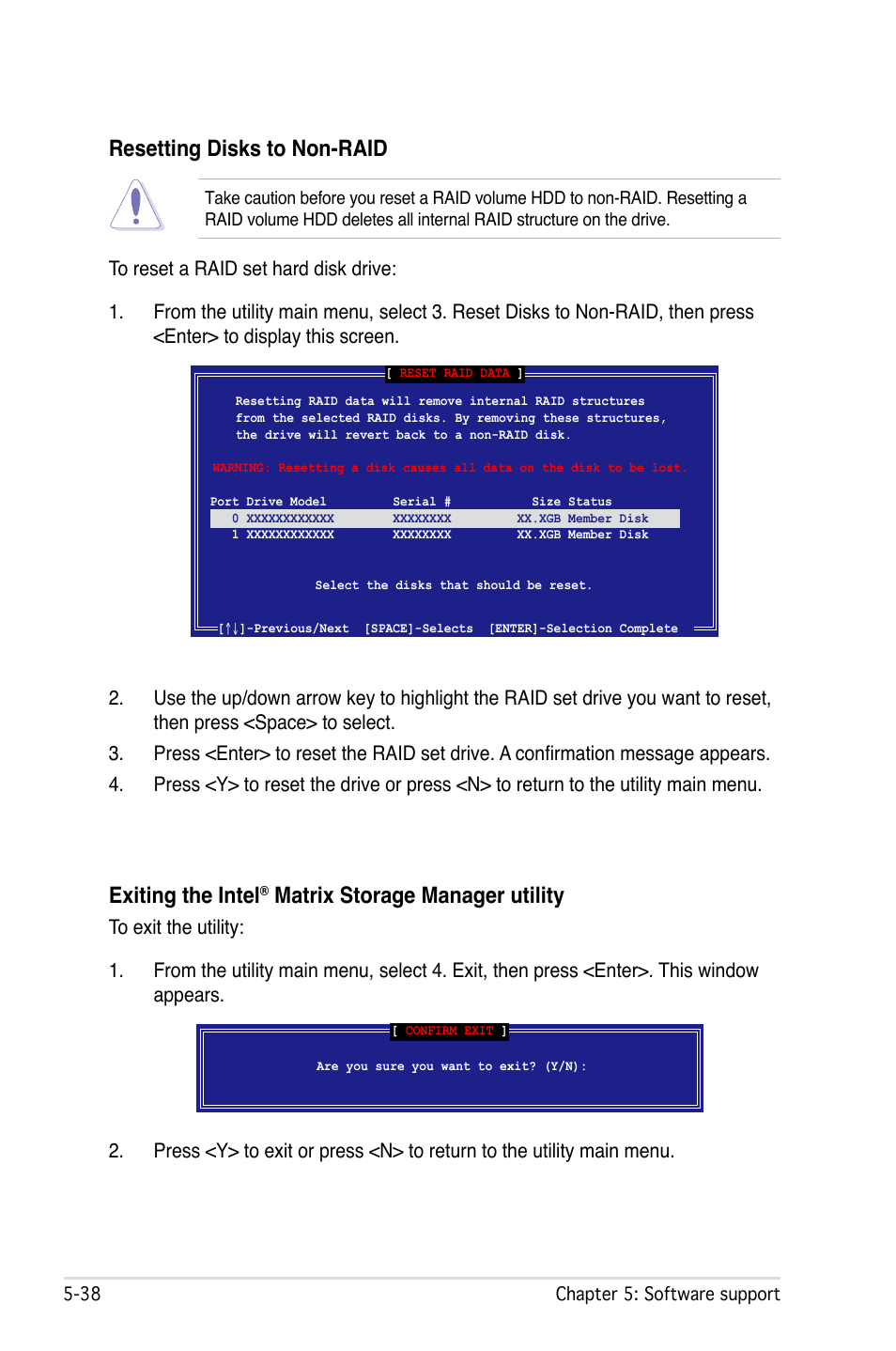 Exiting the intel, Matrix storage manager utility, Resetting disks to non-raid | Asus P5W User Manual | Page 162 / 210