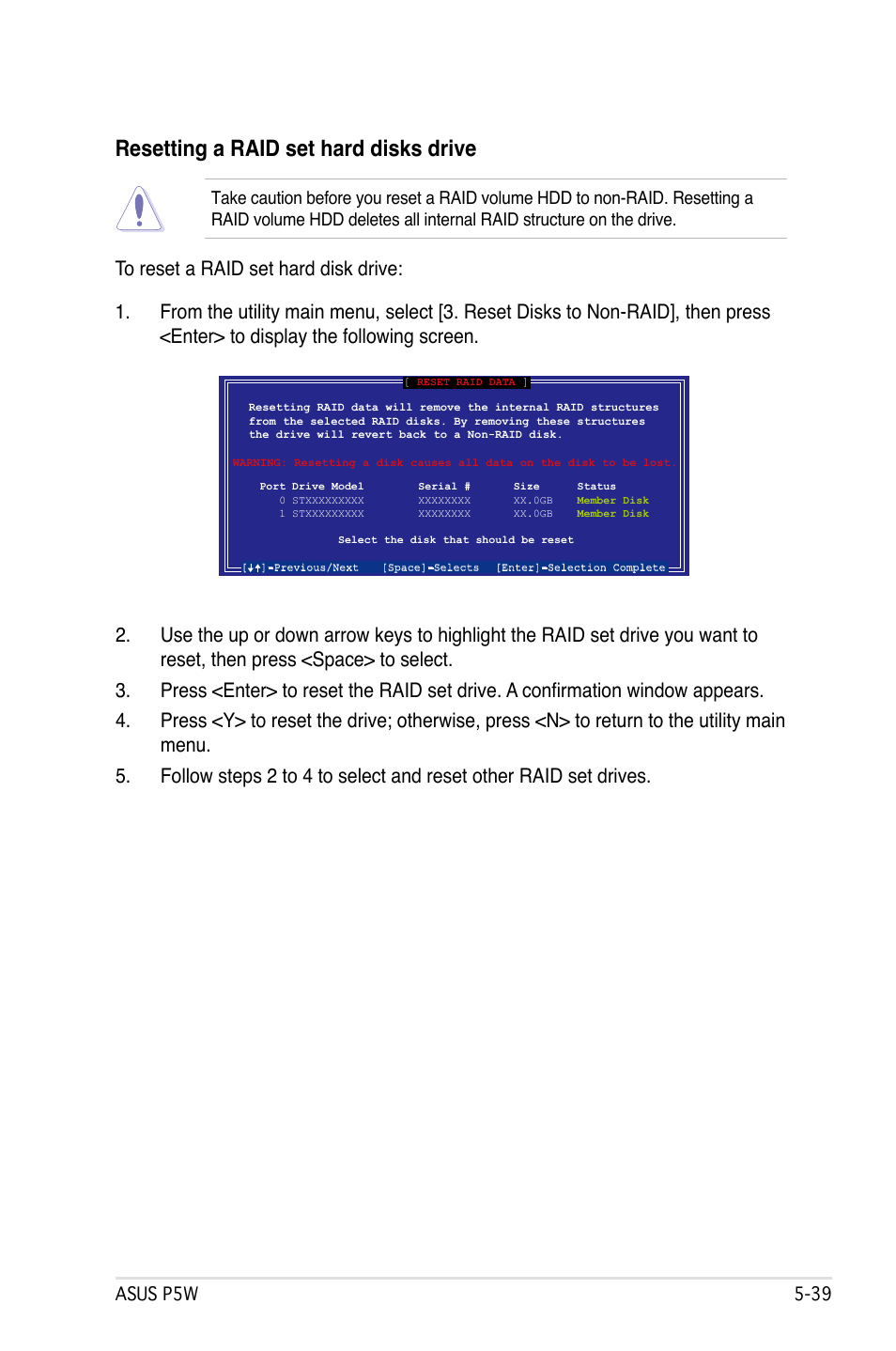 Resetting a raid set hard disks drive, Asus p5w 5 | Asus P5W User Manual | Page 163 / 210